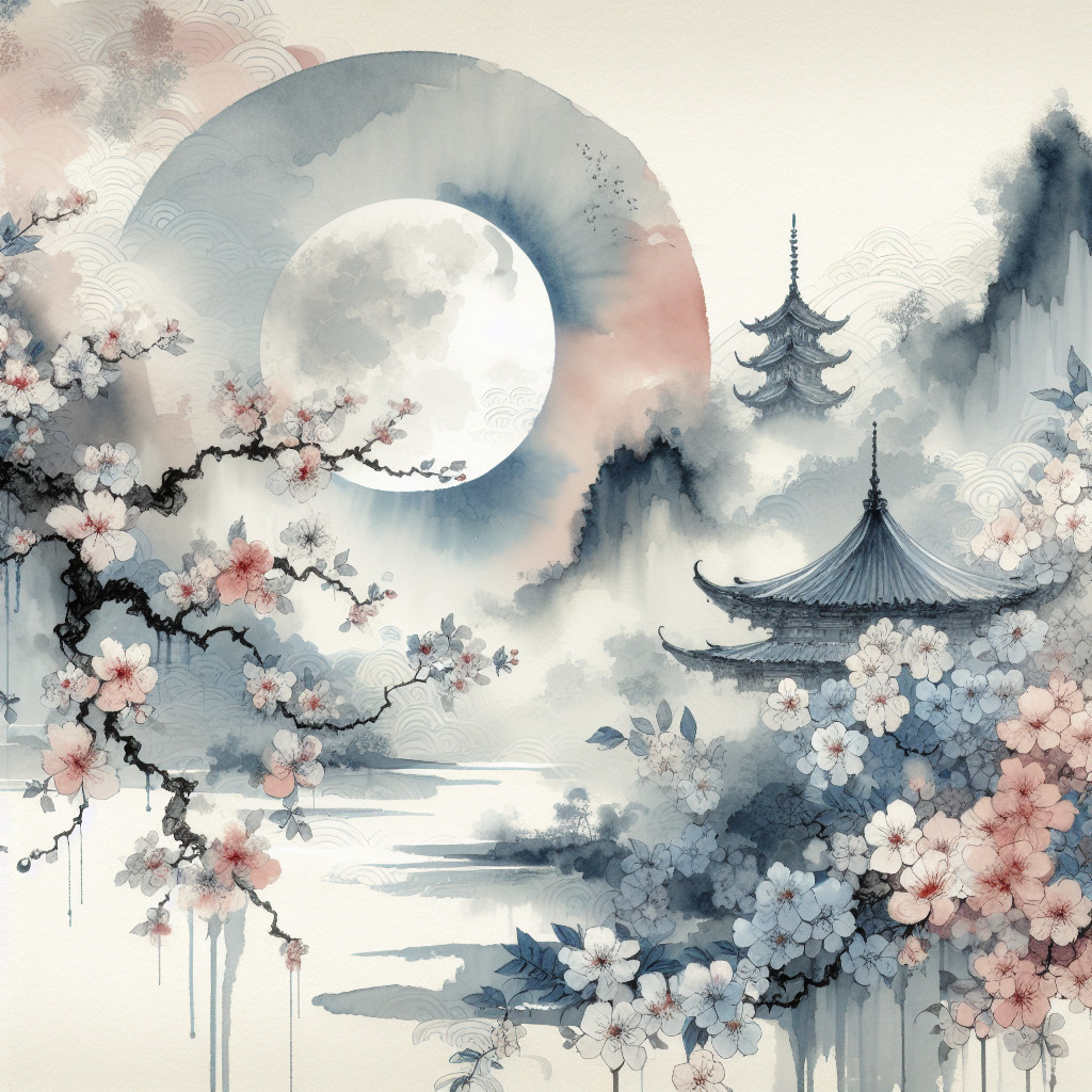 Serene landscape with water, cherry blossoms, and pagodas