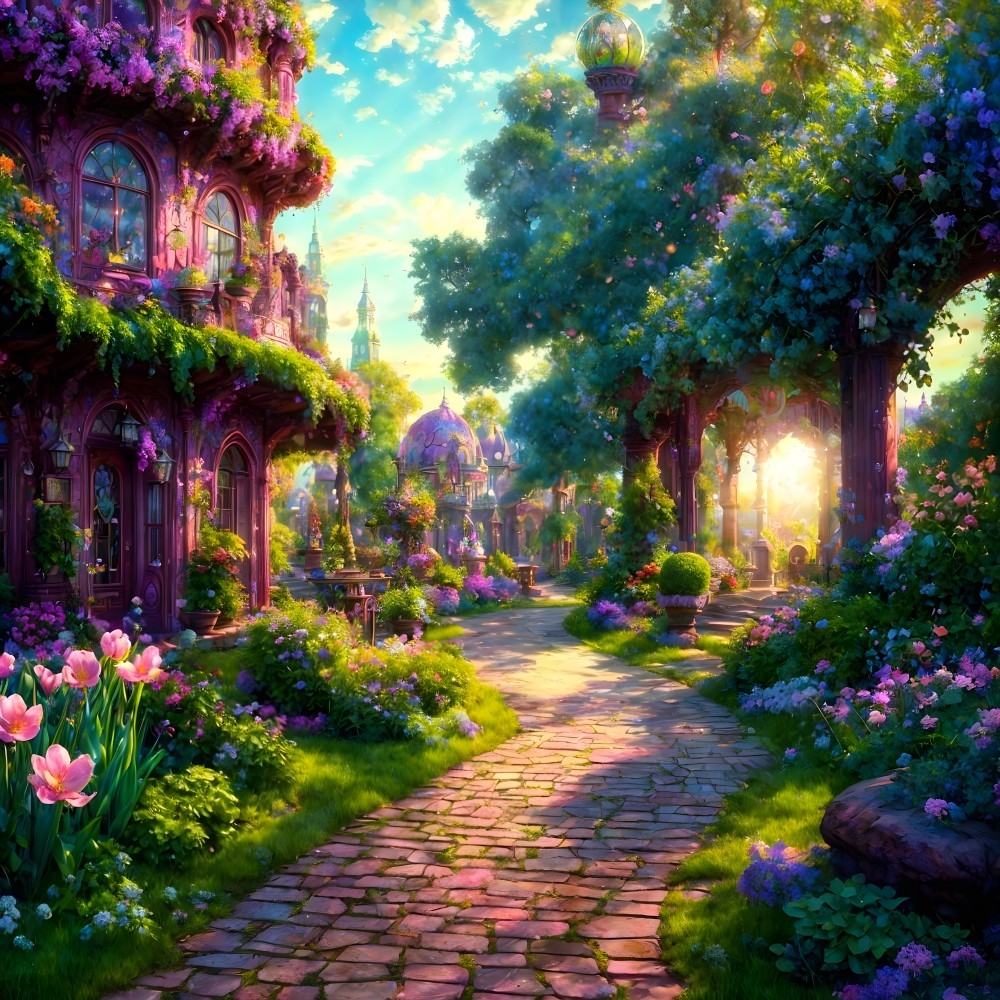 Enchanting Garden Scene with Lush Greenery and Flowers