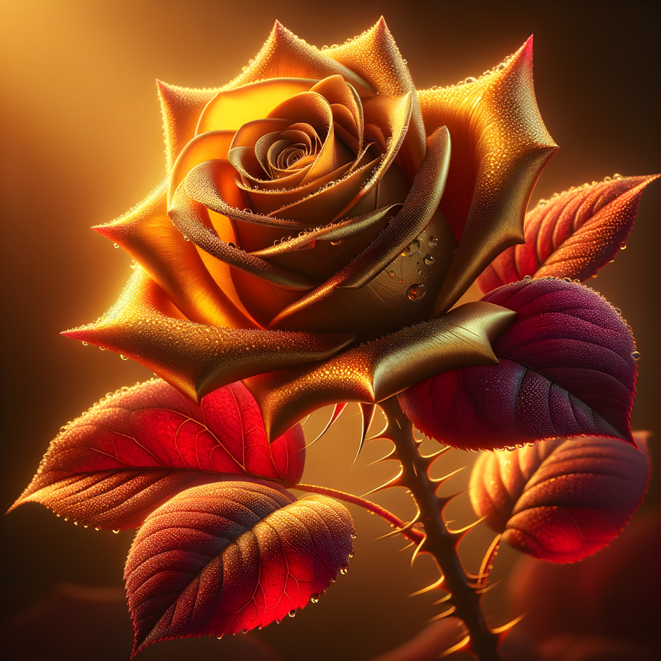 Golden Rose with Deep Red Leaves and Water Droplets