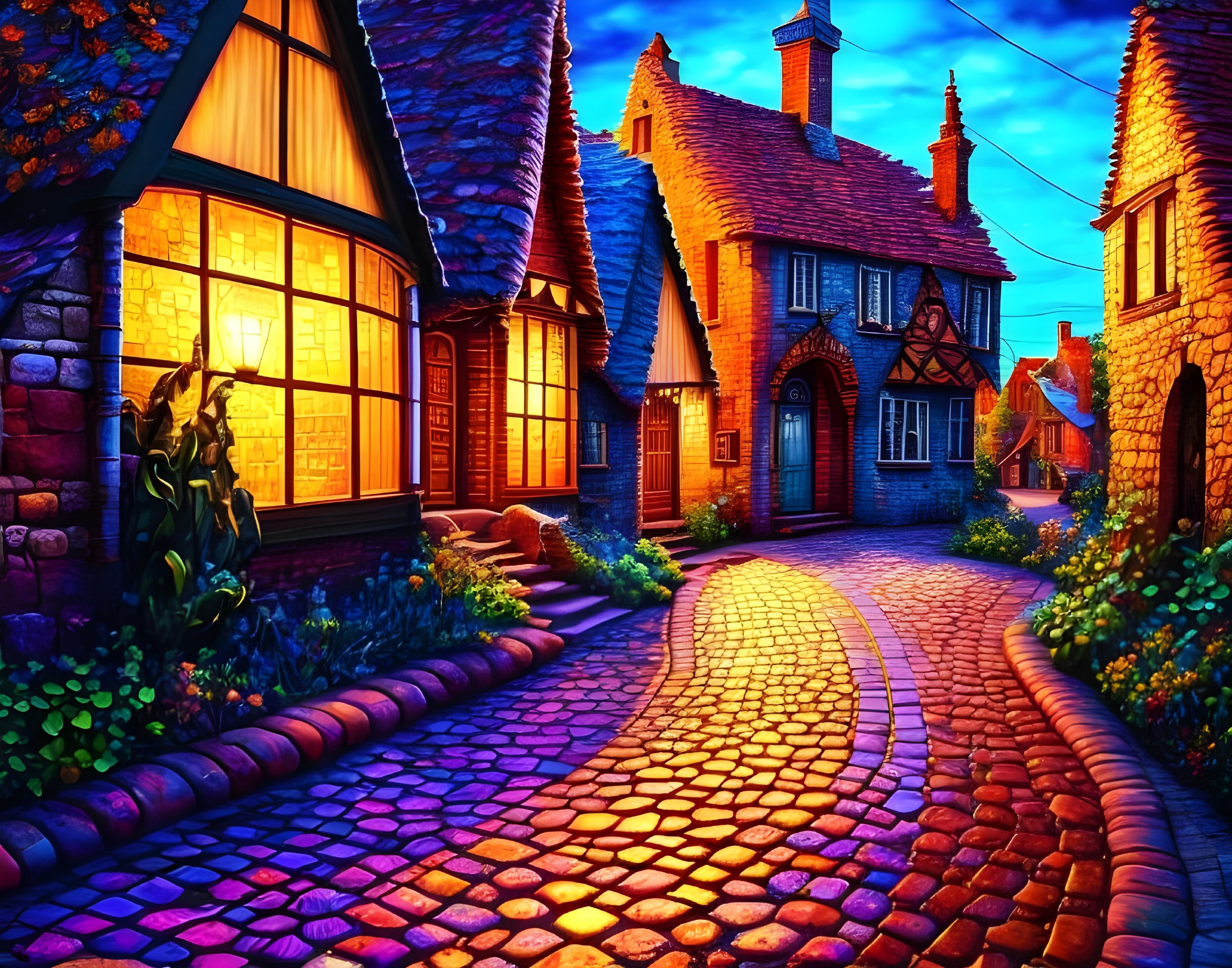 Charming Village Street at Dusk with Tudor Houses