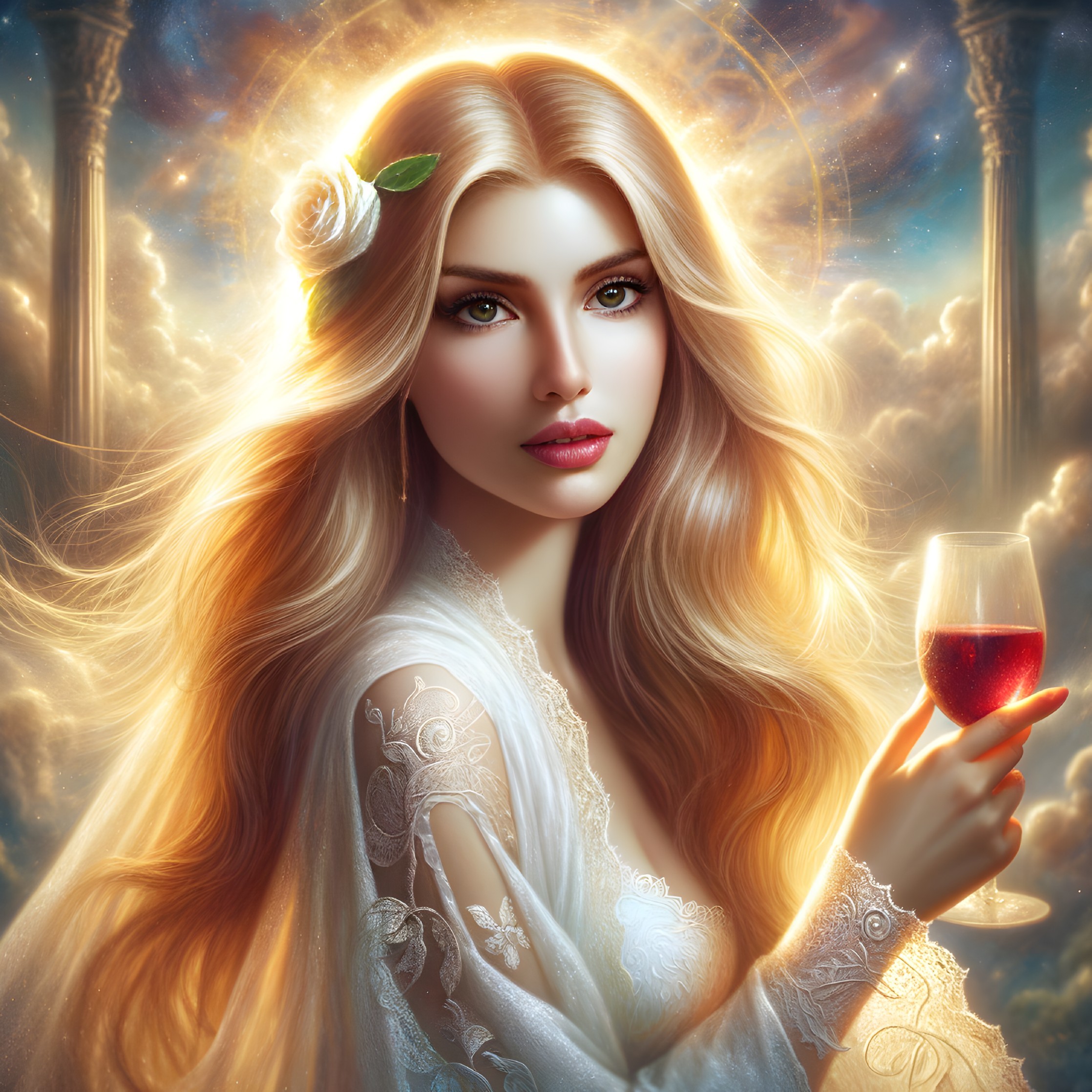 Ethereal Woman with Golden Hair and Wine Glass