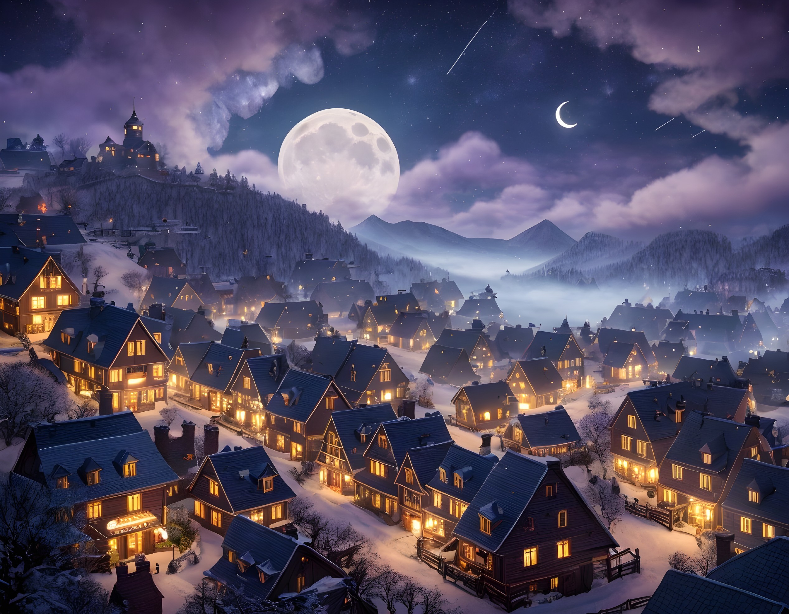 Serene Night Scene of a Mountain Village with Moonlight