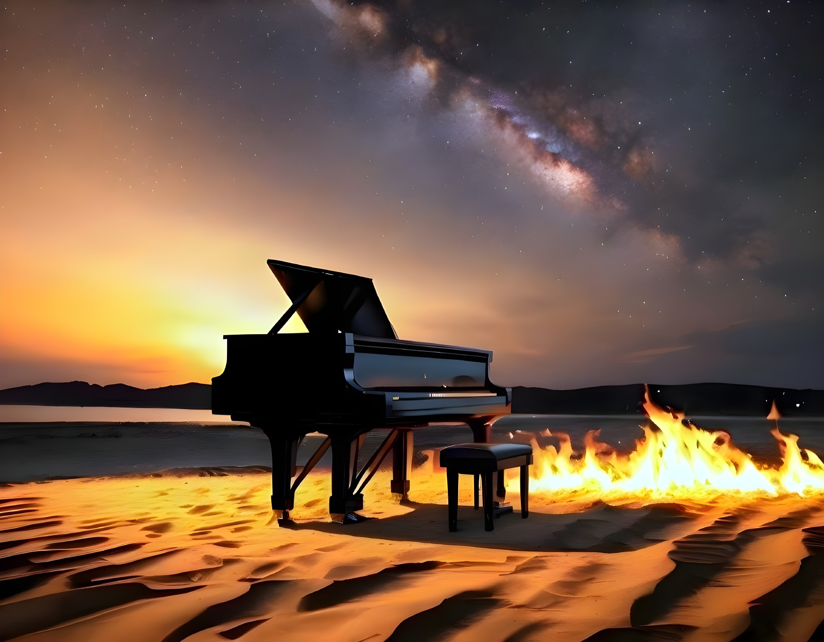 Grand Piano in Desert at Sunset with Milky Way