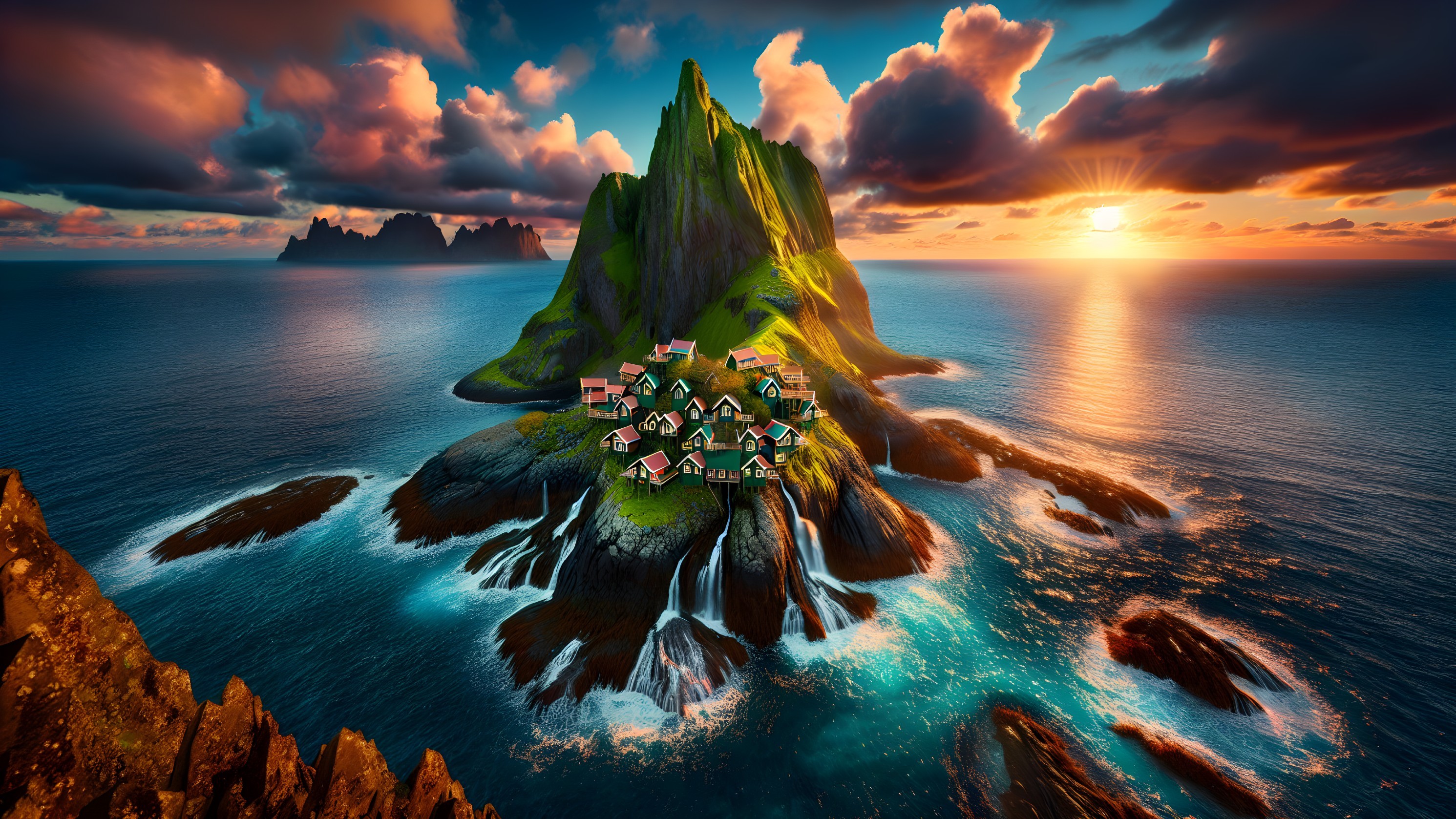 Quaint Houses on Rocky Island at Sunset with Cliffs