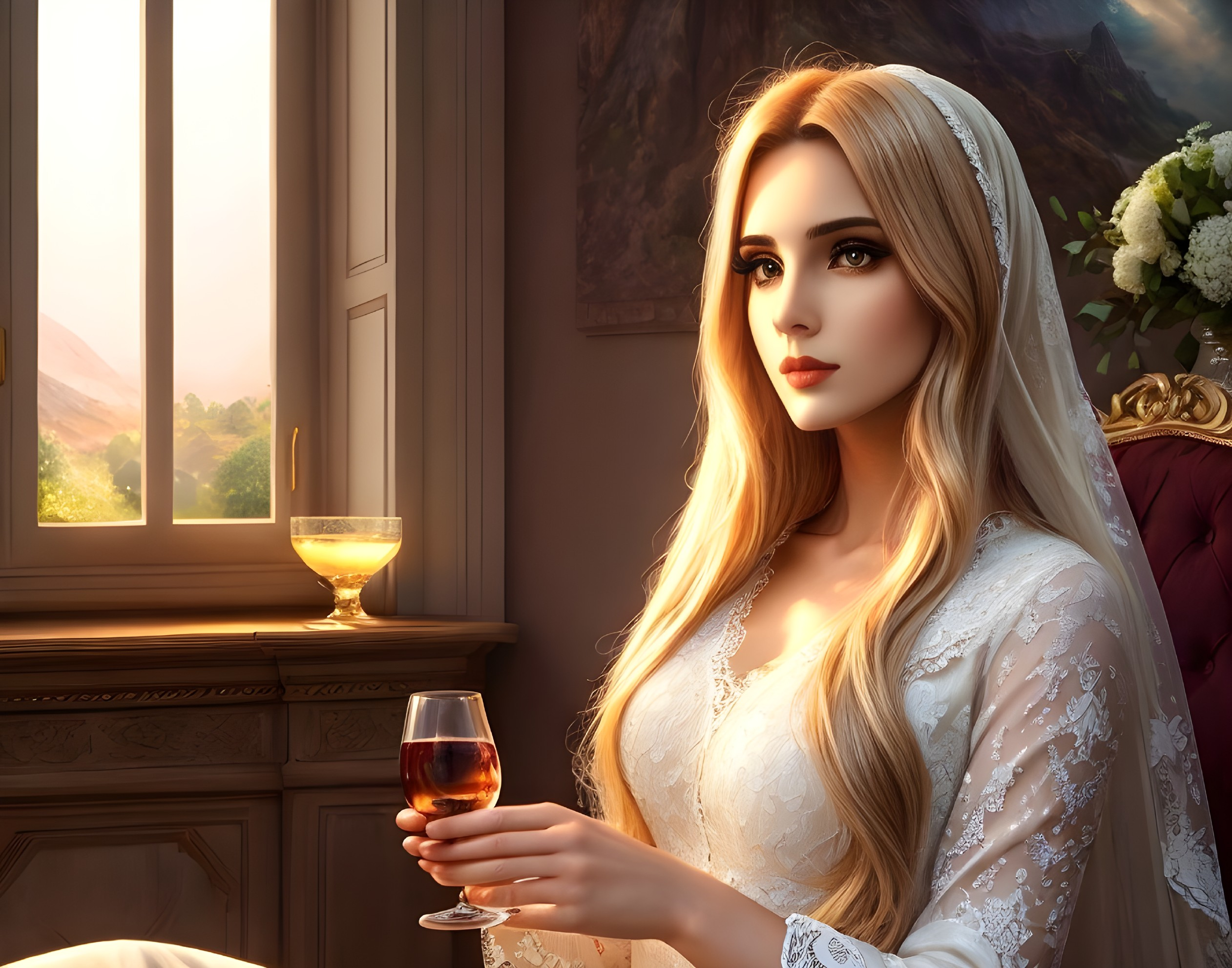 Elegant Woman in Lace Gown in Decorated Room