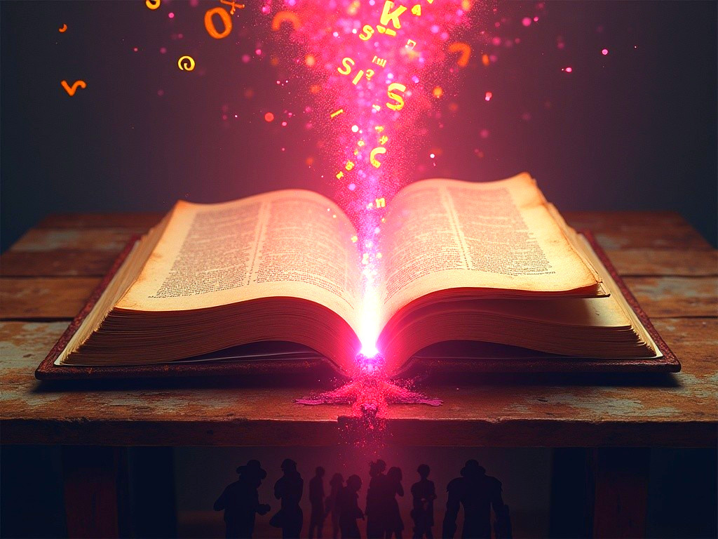Open book glowing with colorful letters and symbols