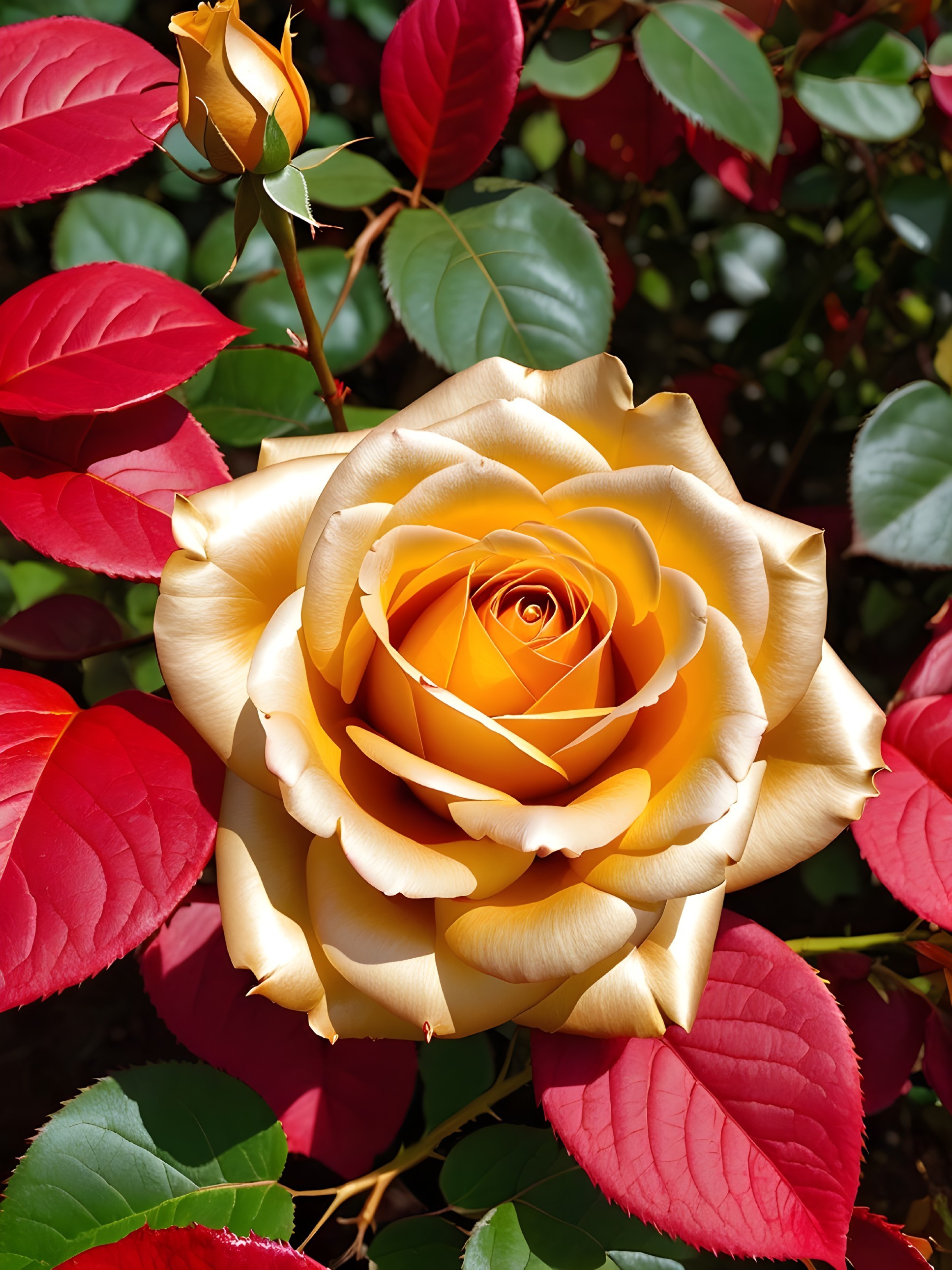 Creamy Gold and Soft Orange Rose with Red Leaves