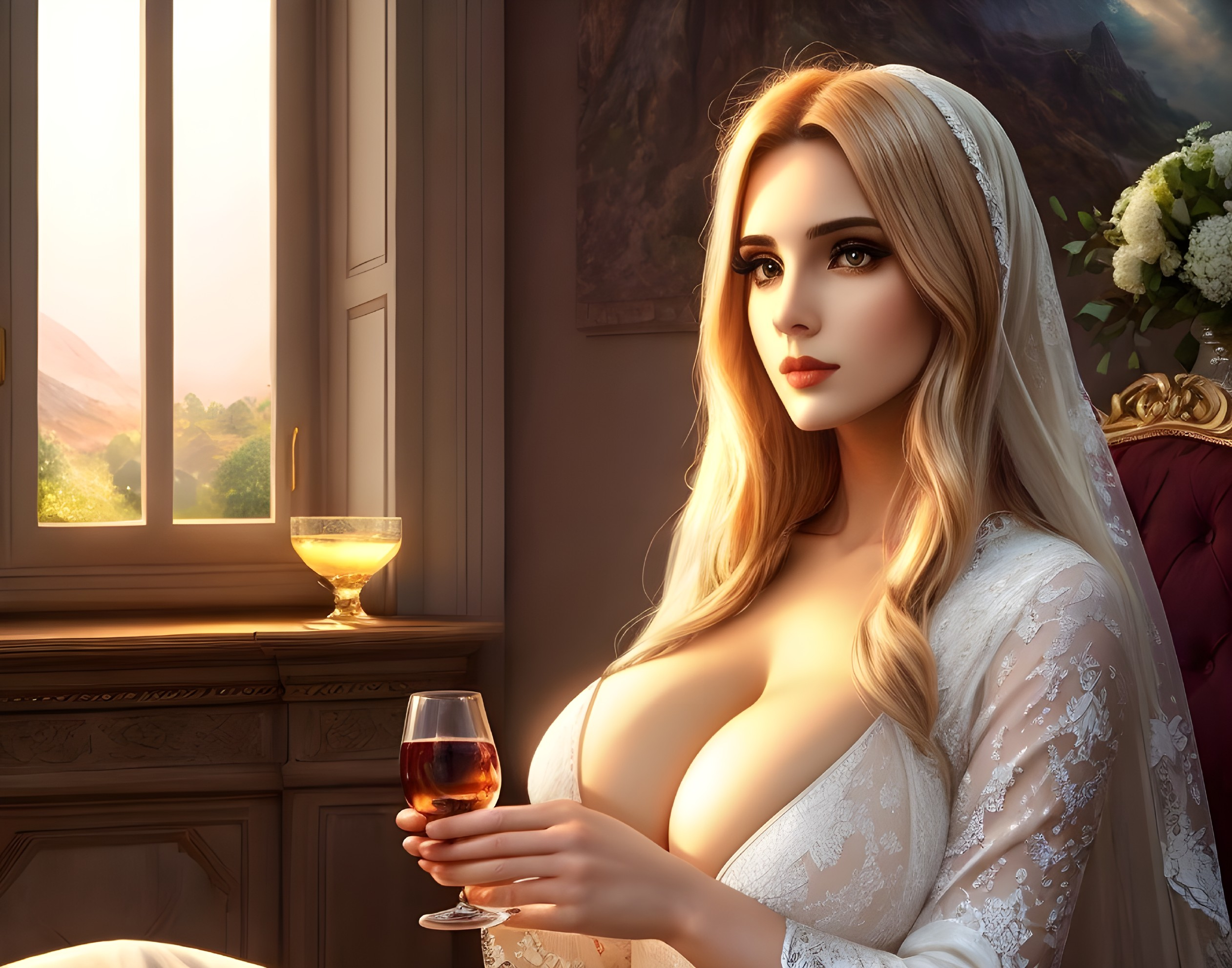 Elegant Woman in Luxurious Setting with Wine Glass