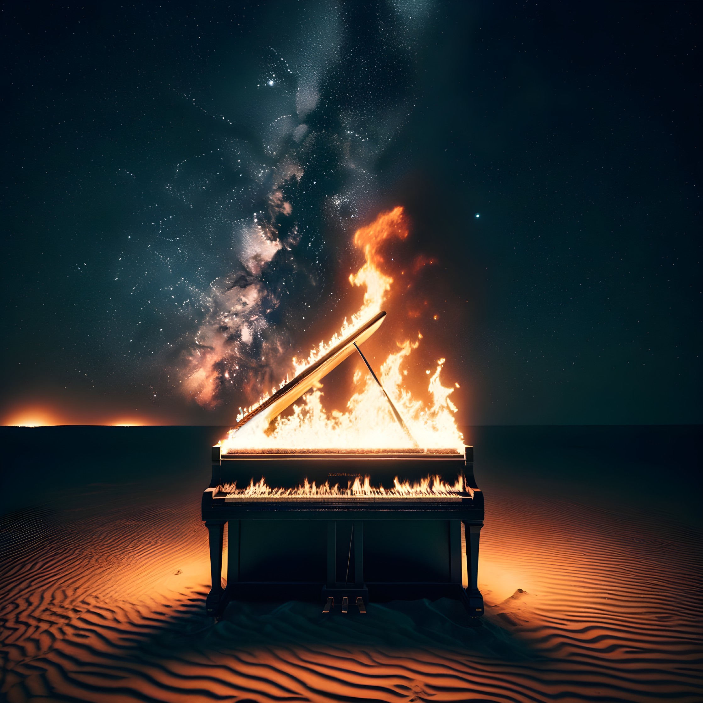 Grand Piano in Desert Under Starry Sky and Flames