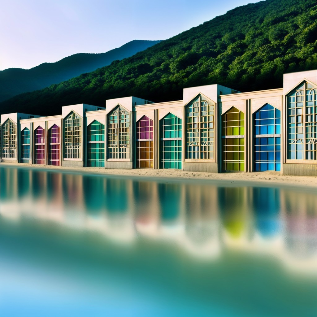 Modern Buildings with Colorful Glass Windows by Water