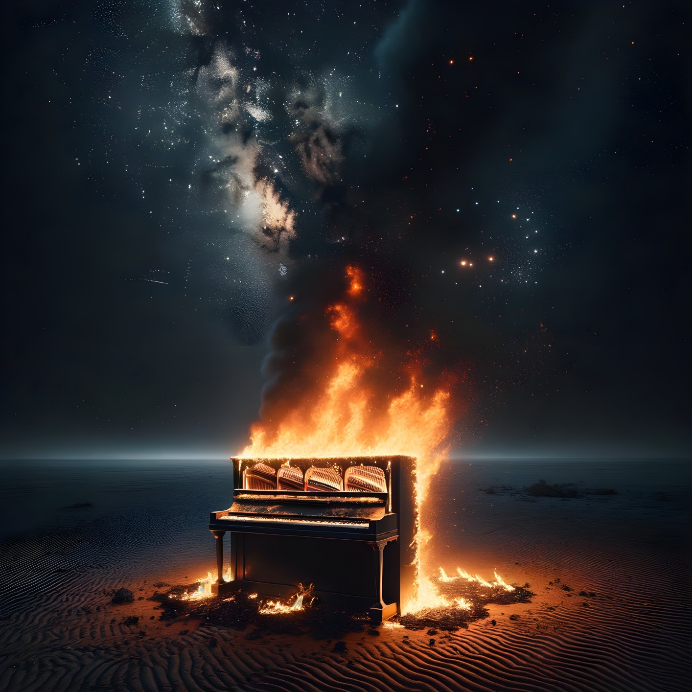 Grand Piano in Flames Against Starry Night Sky
