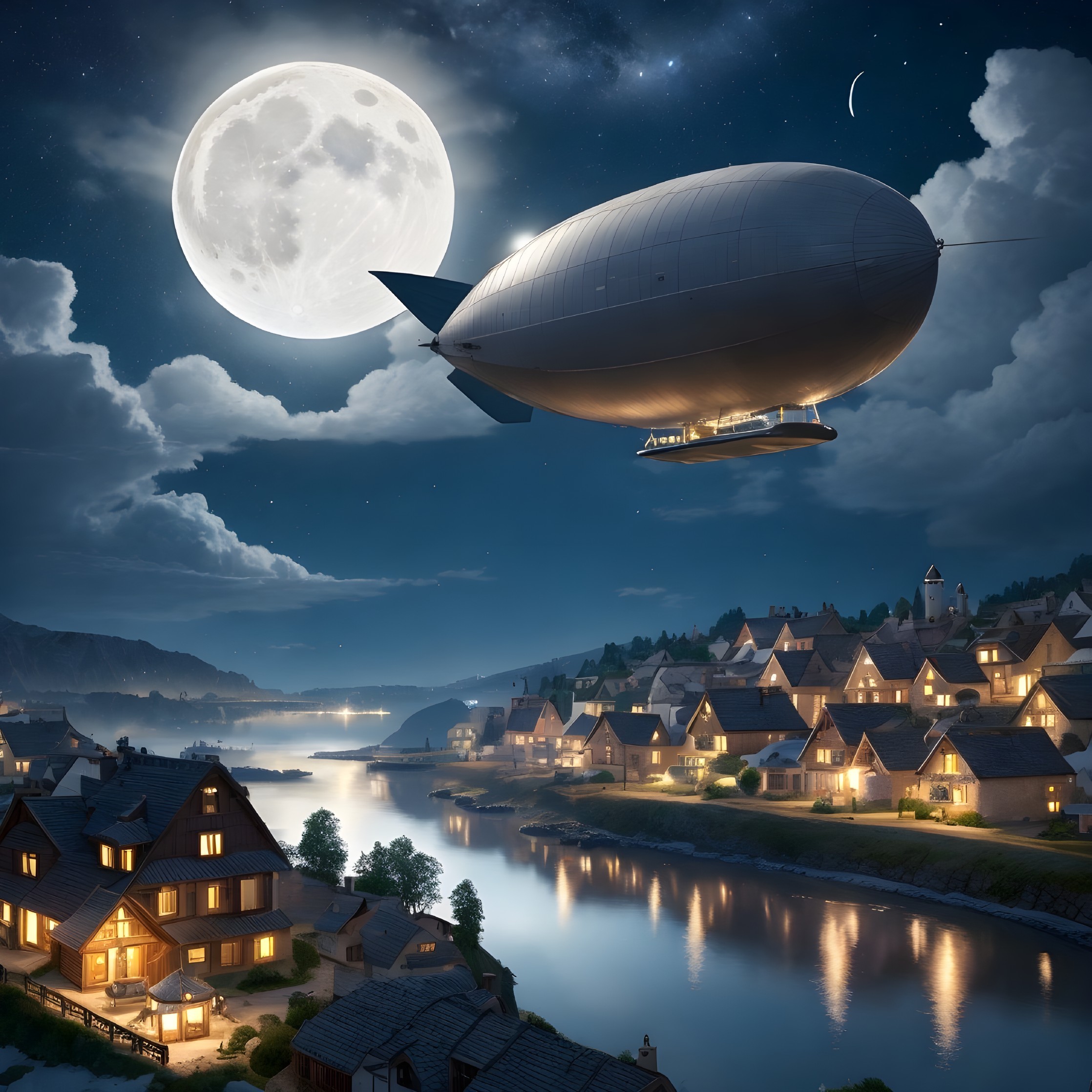 Serene Night Scene of Village by River Under Moonlight