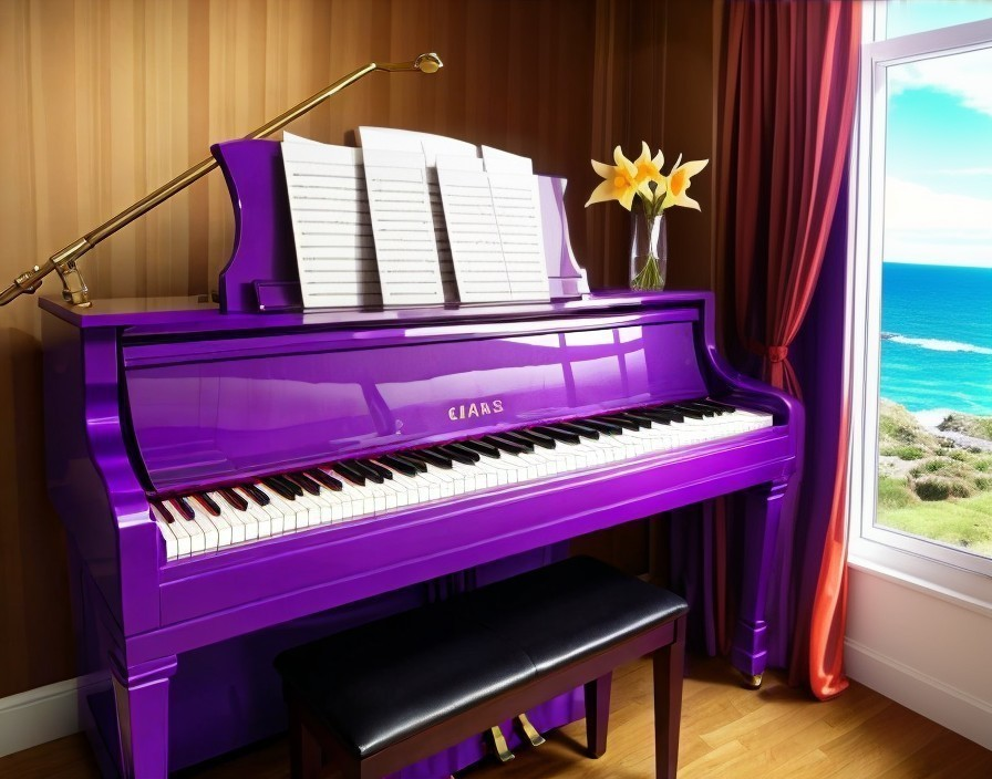 Vibrant Purple Piano in Cozy Oceanview Room