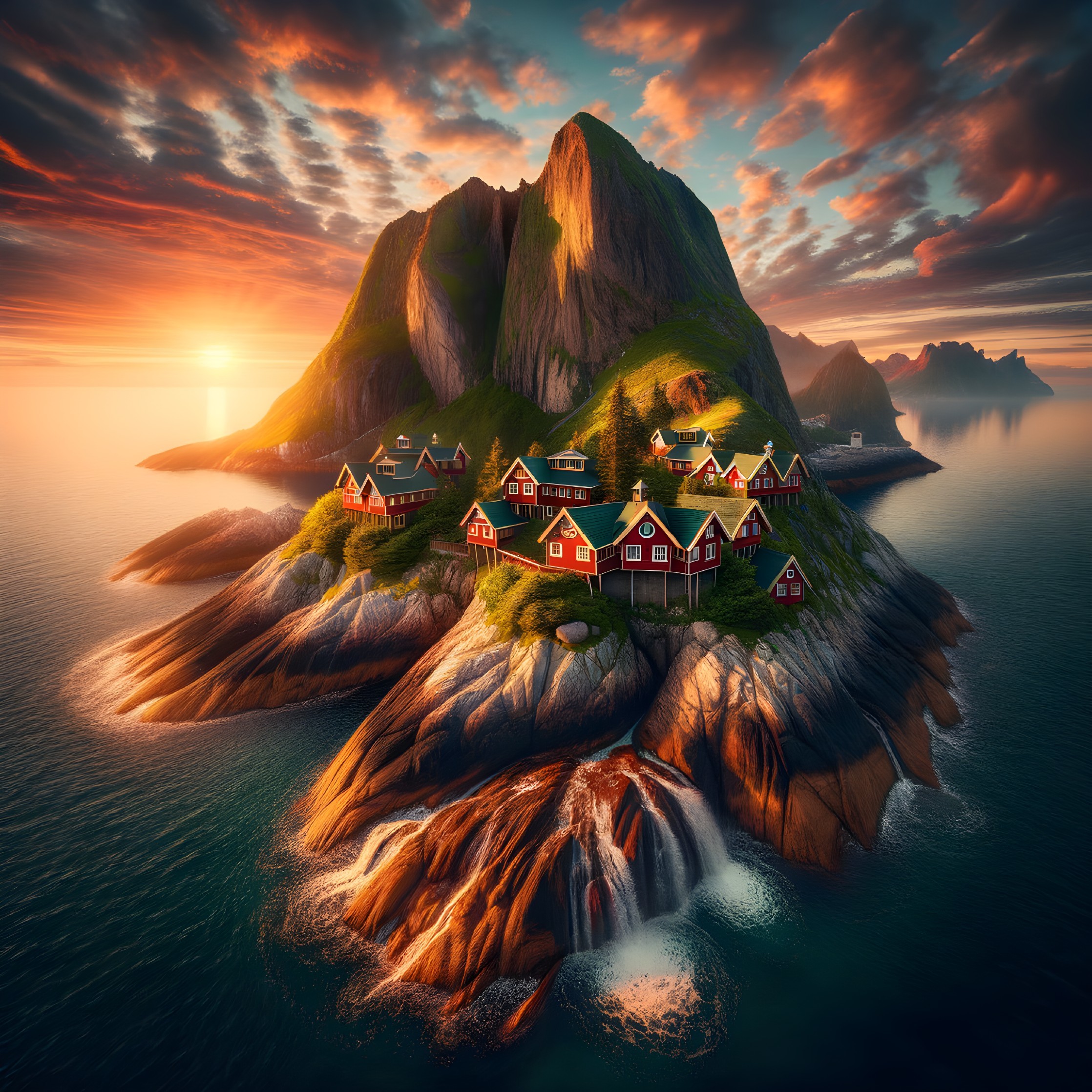 Fishing Village on Rocky Island at Sunset