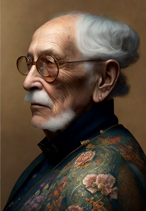 Elderly man with white curls and floral jacket