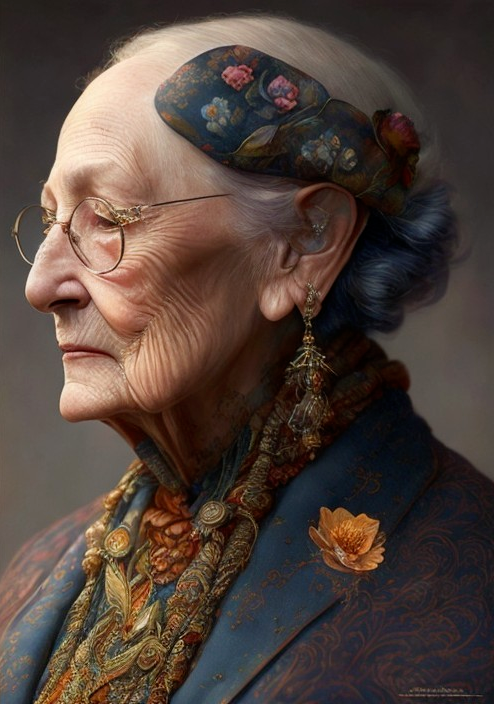 Elderly Woman in Floral Attire with Detailed Scarf