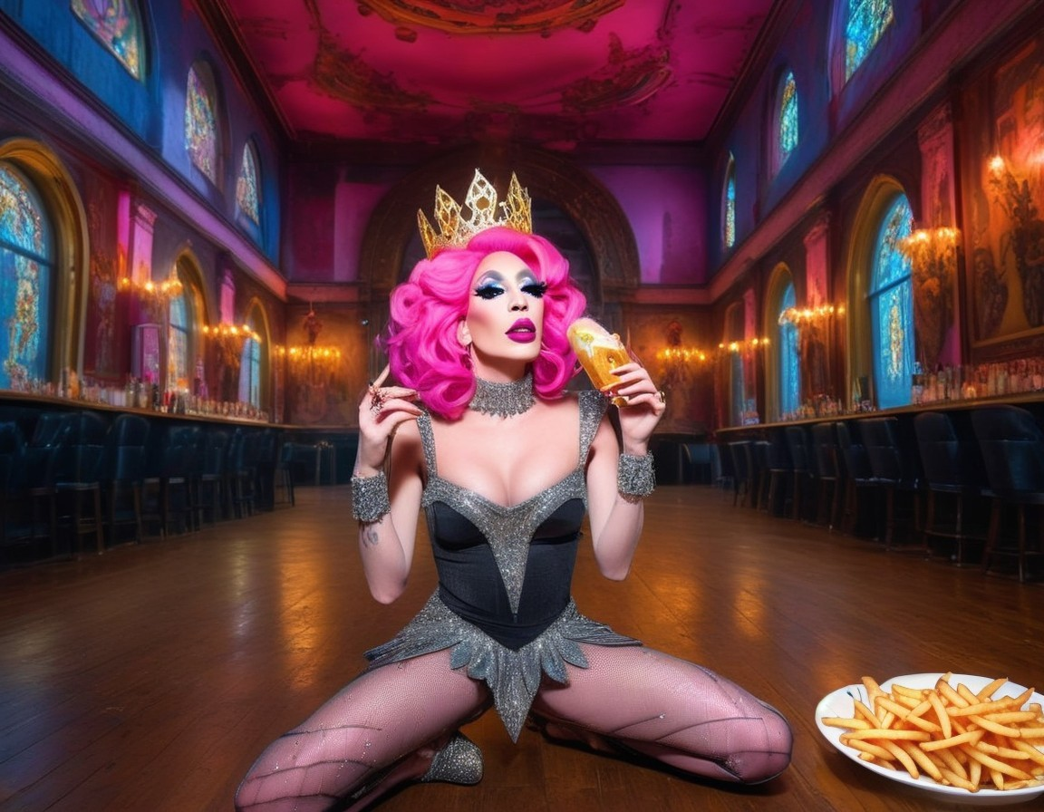 Lavish Performer in Colorful Setting with Fast Food