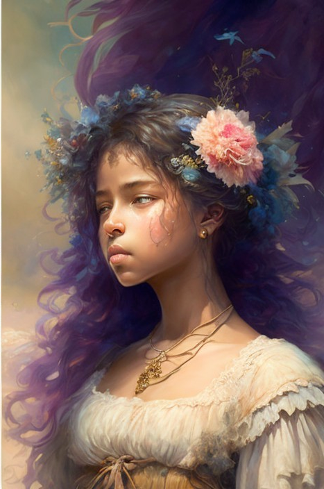 Serene Young Girl with Purple Hair and Floral Crown