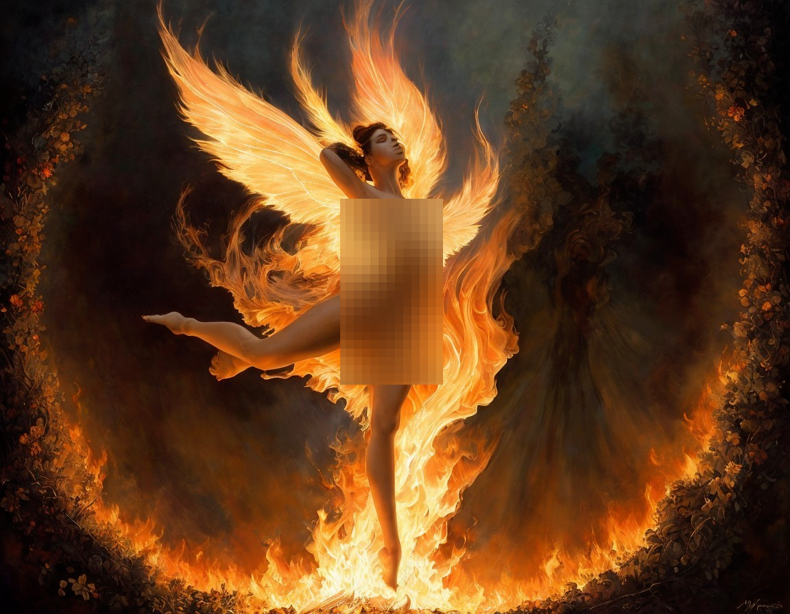 Figure with Fiery Wings in a Mystical Fire Scene