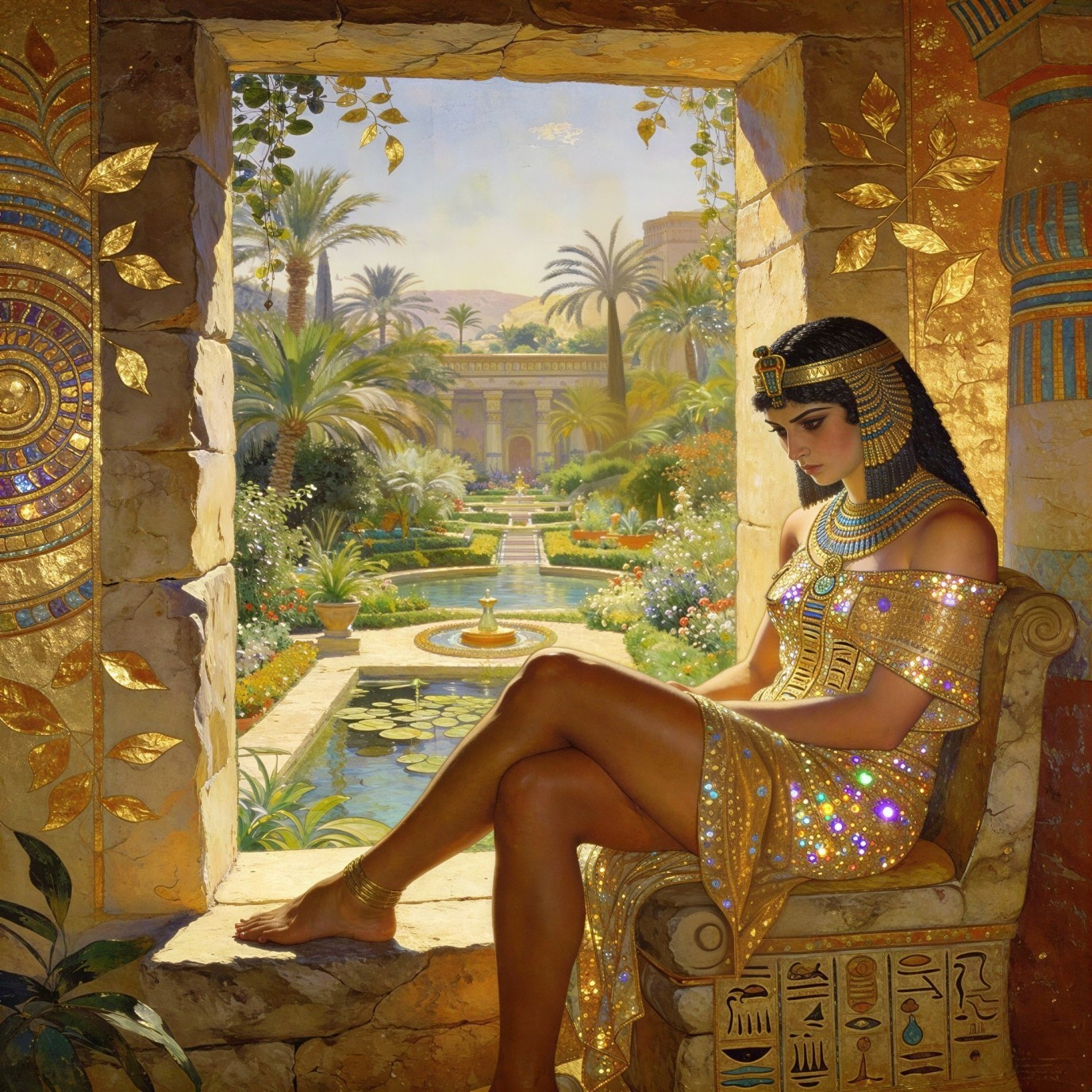 Cleopatra-Inspired Figure in Golden Egyptian Attire