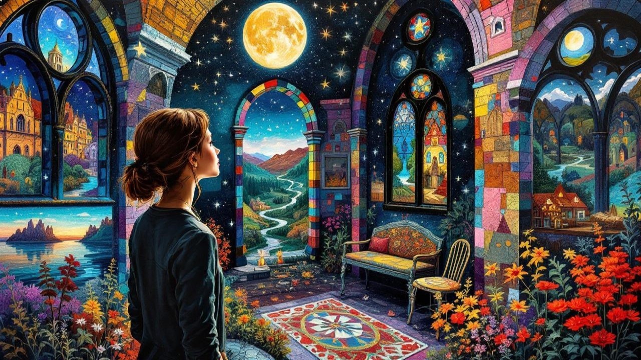 Young Woman in Colorful Room with Stained Glass Windows