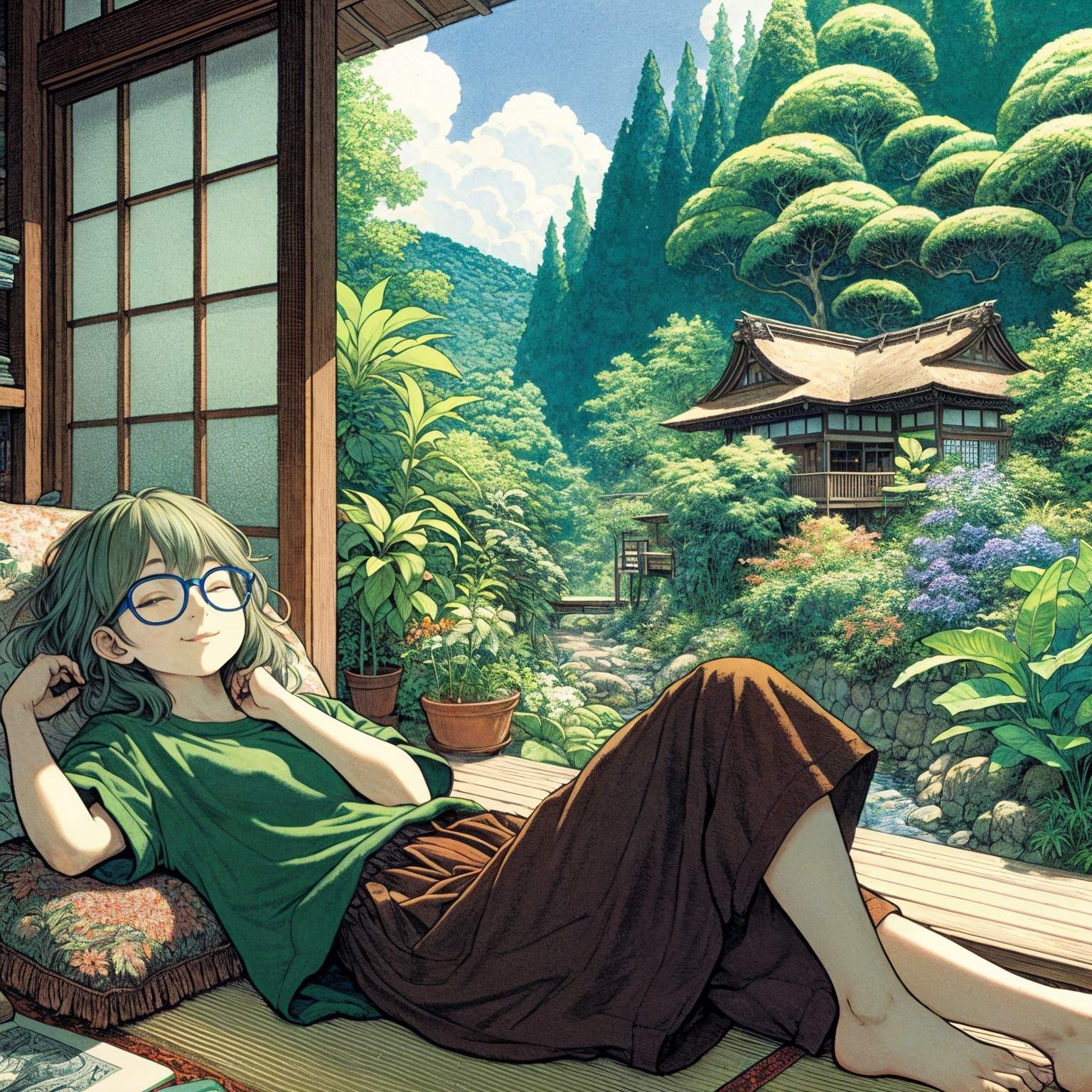 Girl with Green Hair Relaxing in Japanese Countryside