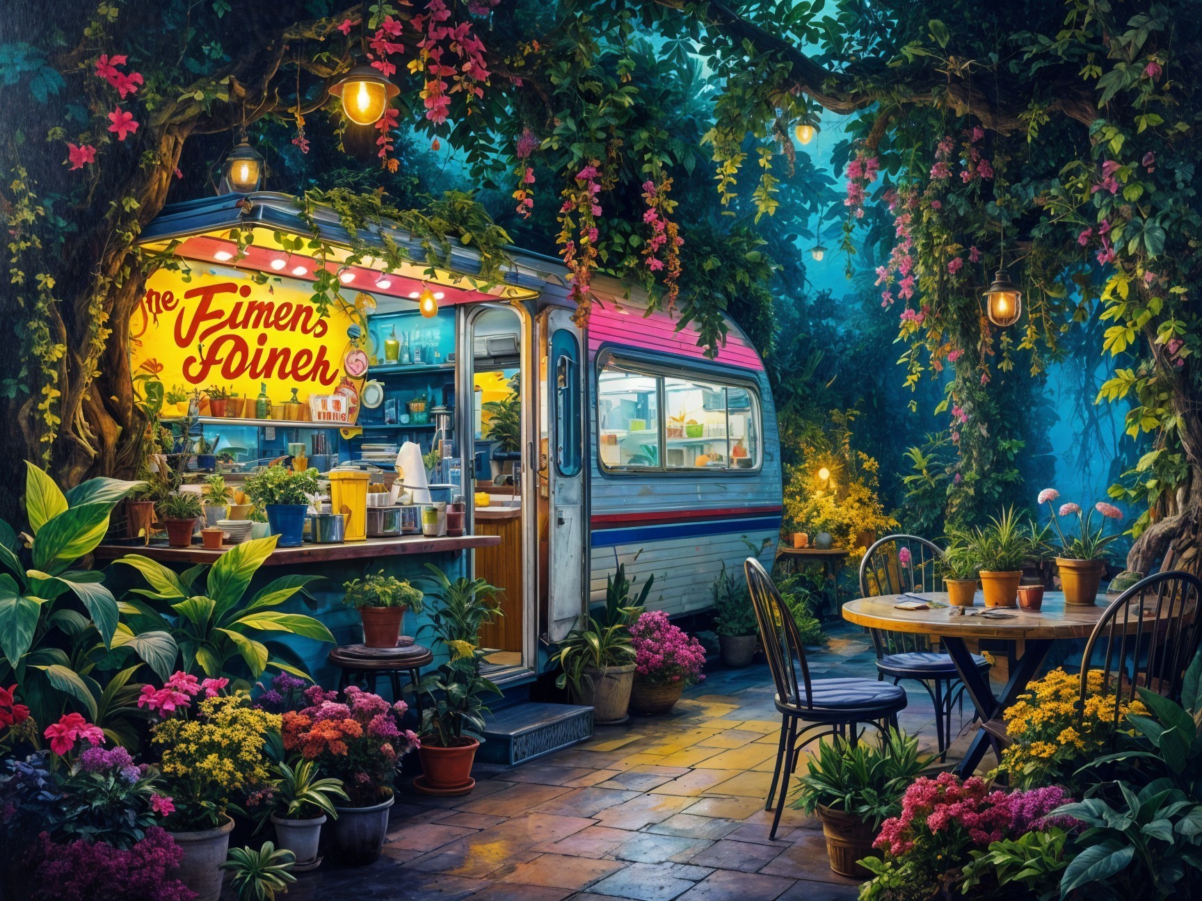 Charming Food Truck in a Lush Garden Setting