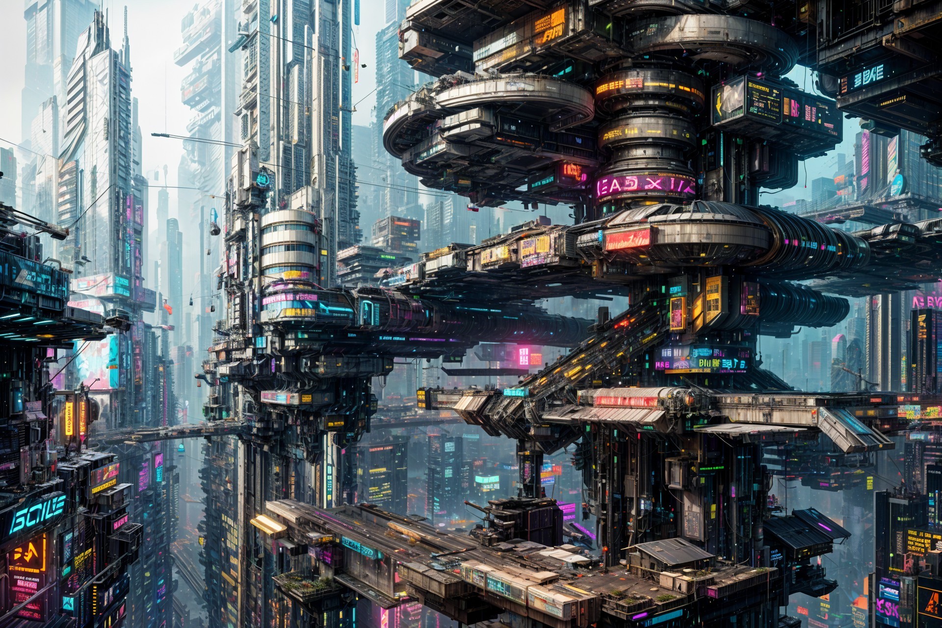 Futuristic cityscape with neon lights and skyscrapers