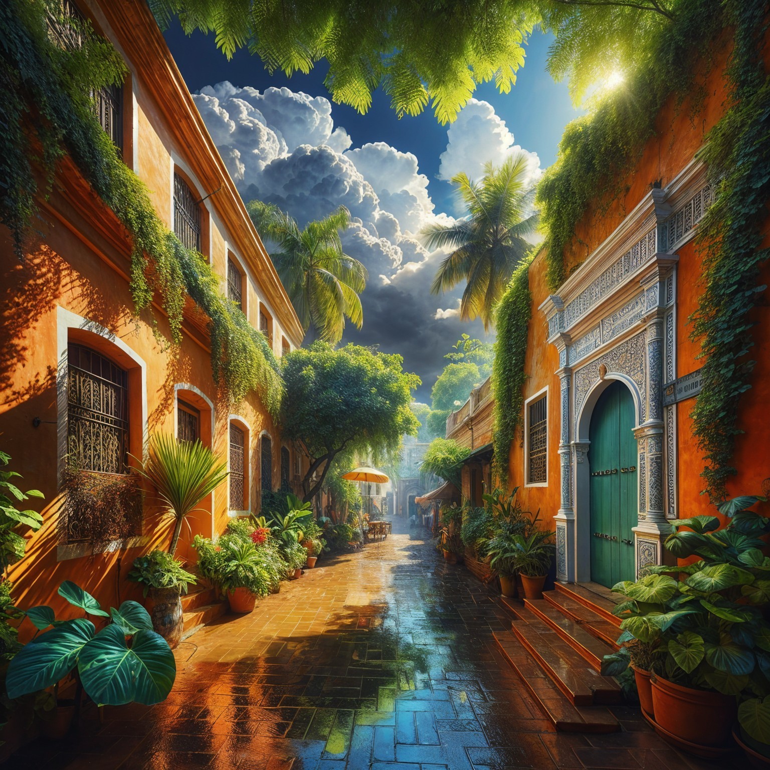 Picturesque Alleyway with Vibrant Walls and Plants