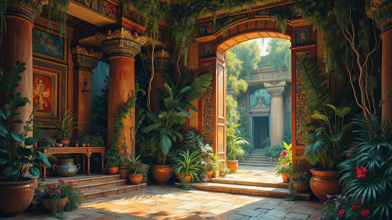 Vibrant Courtyard with Ornate Pillars and Lush Greenery