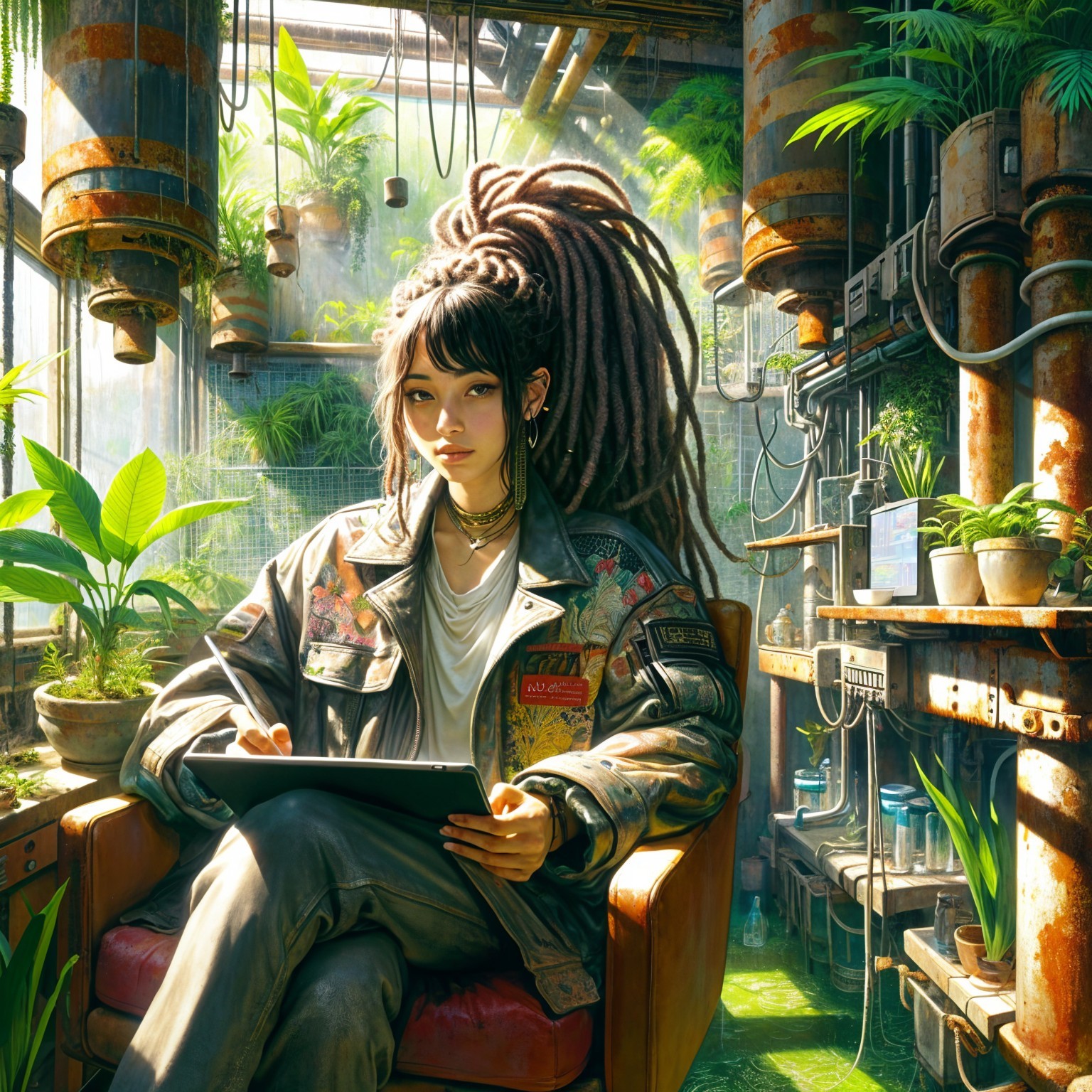 Young woman in greenhouse with tablet and plants