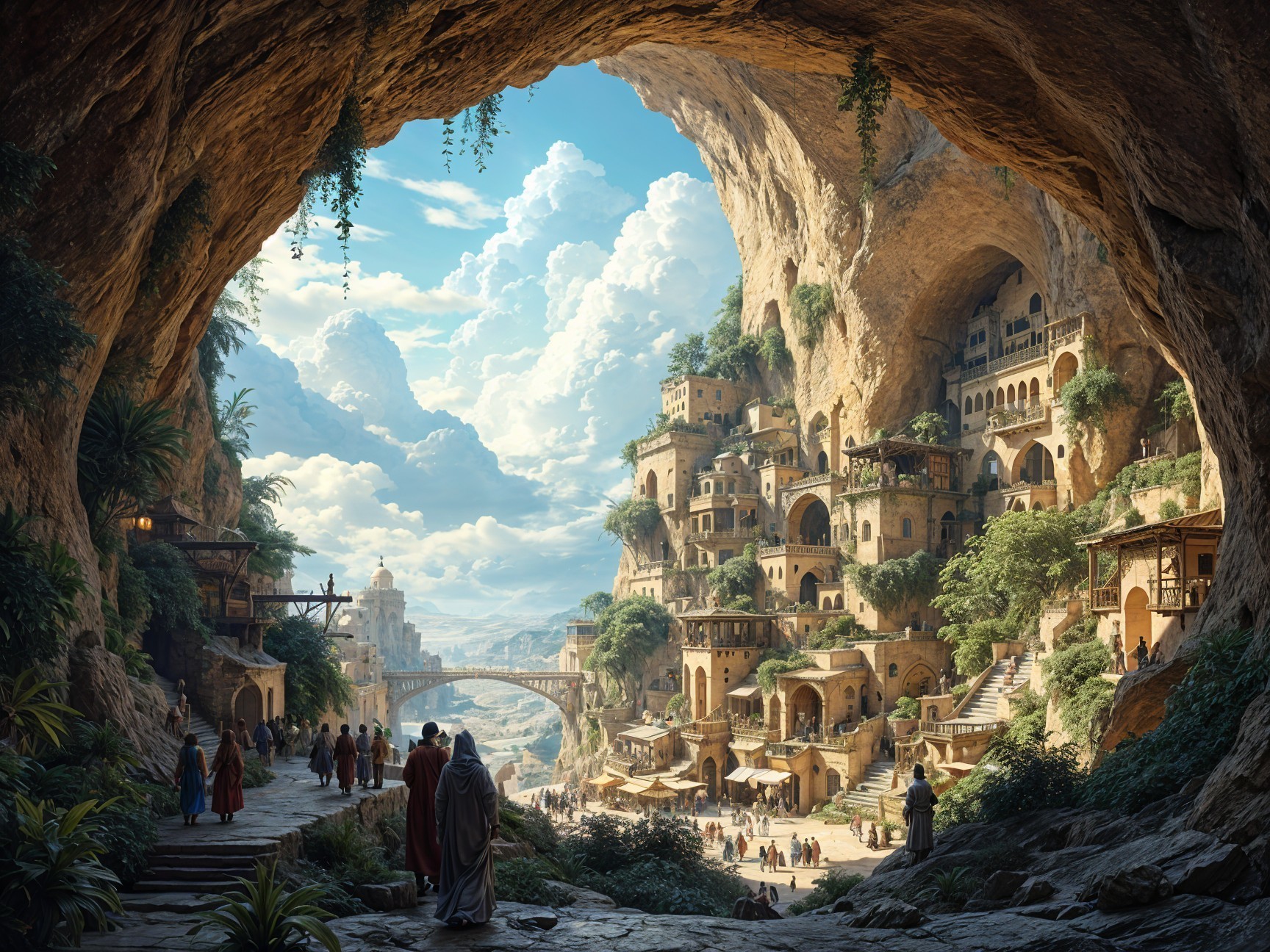 Cavern Opening to a Vibrant Village in Rocky Cliffs