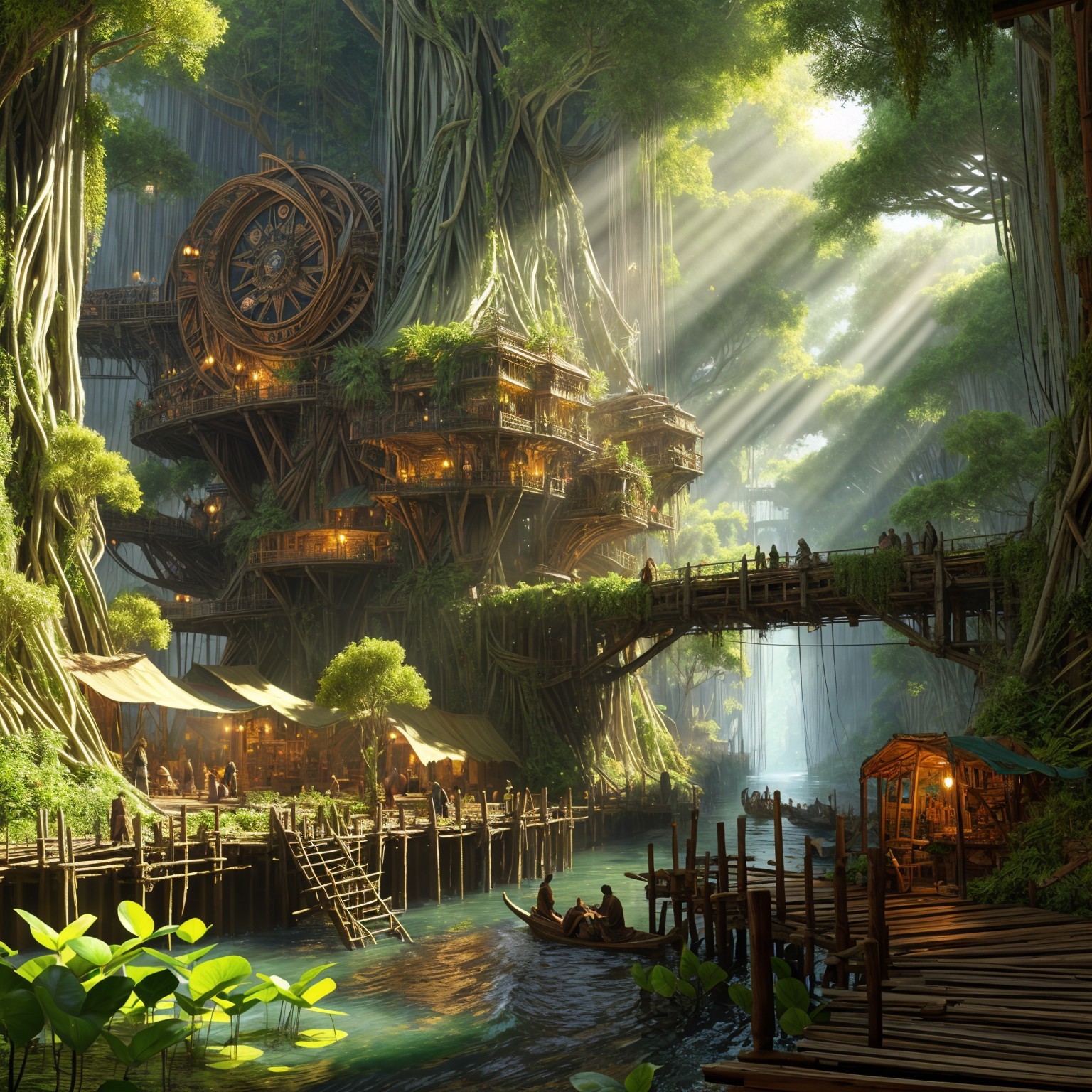 Lush Landscape with Trees, River, and Market Stalls