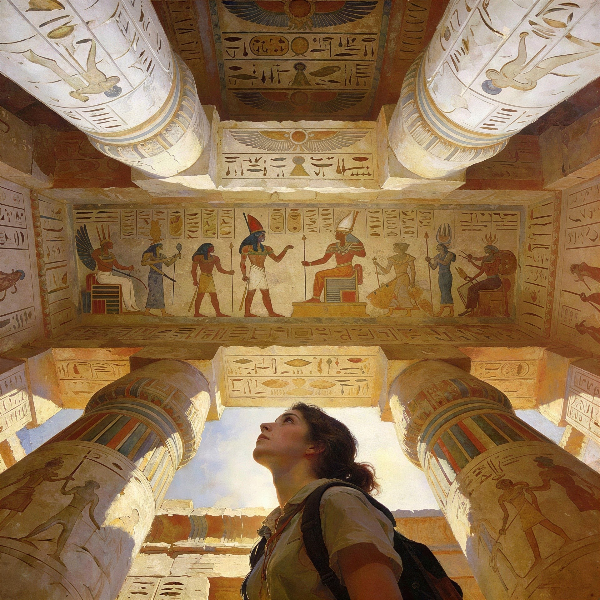 Young Woman in Ancient Egyptian Temple with Murals