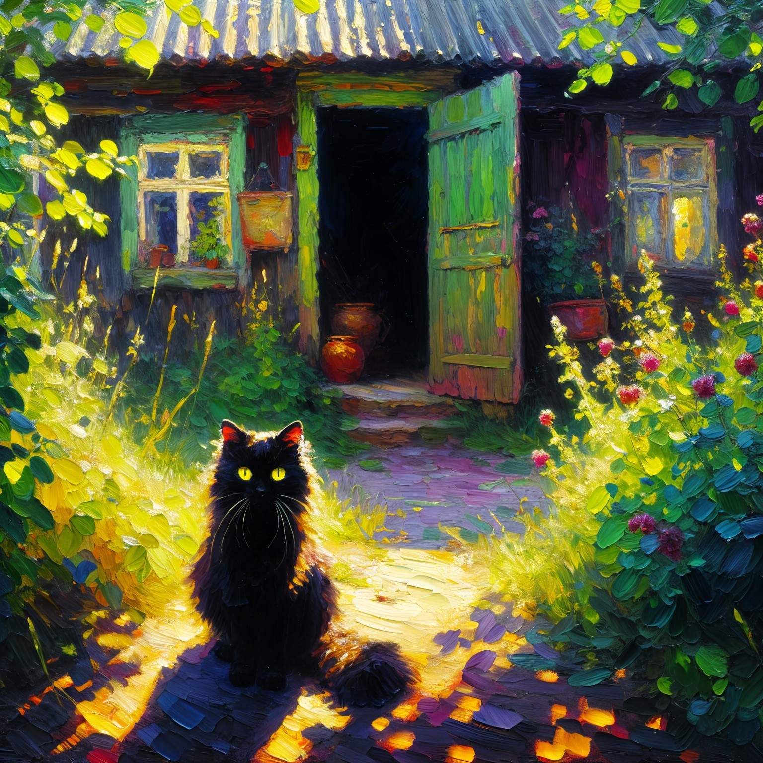 Serene garden scene with a rustic cabin and cat