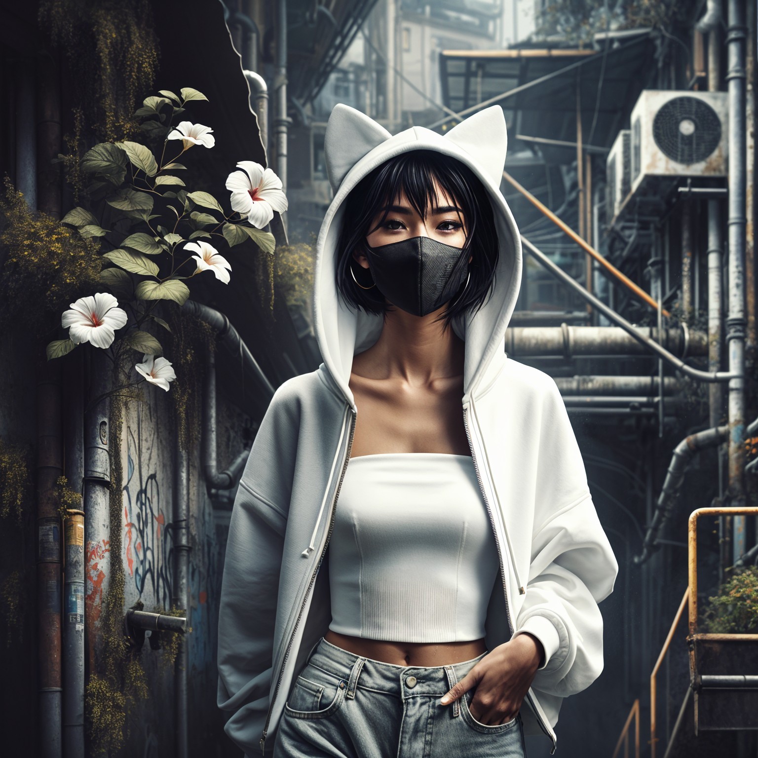 Young Woman in Cat-Ear Hoodie in Urban Alley Setting