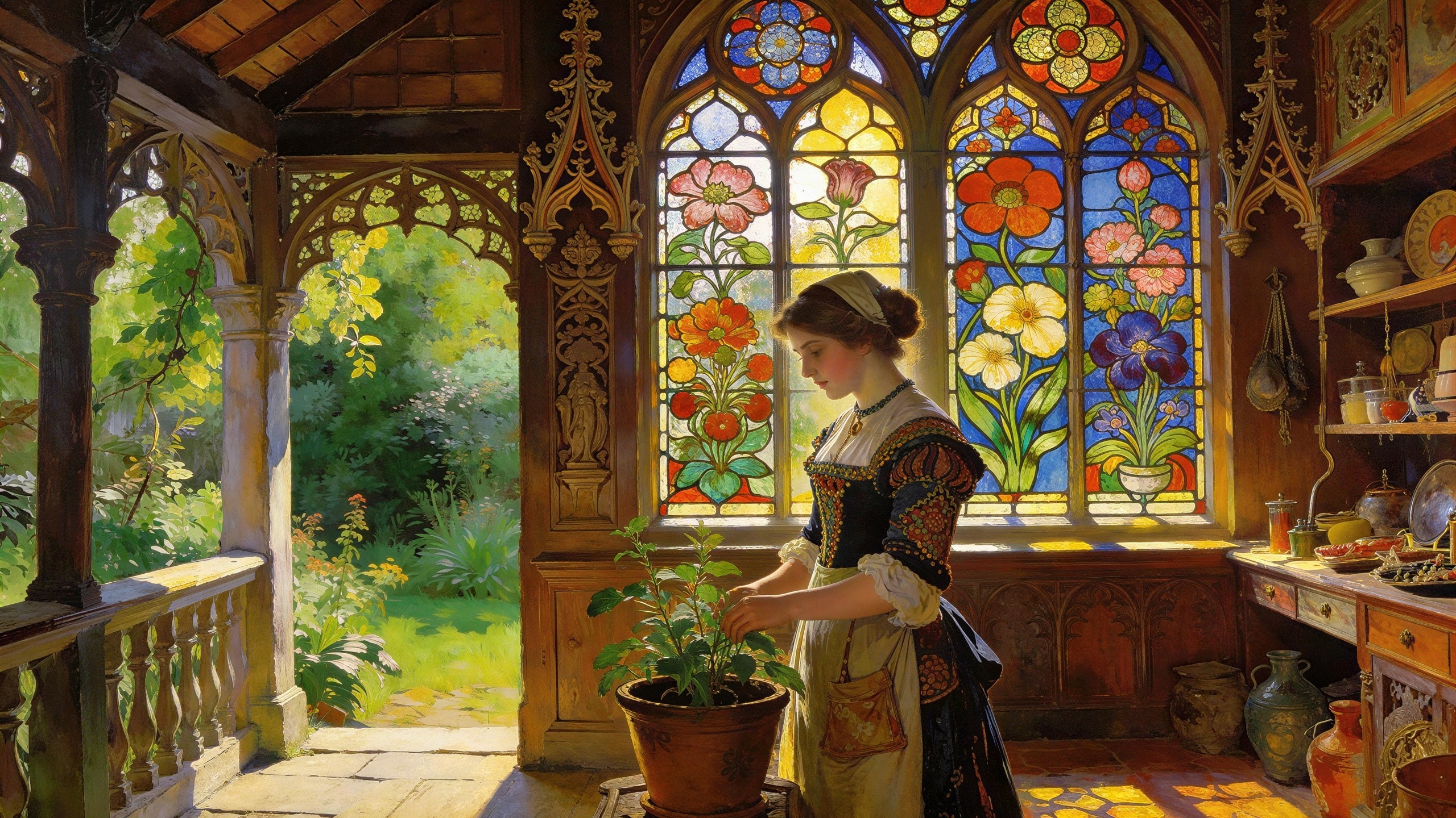 Young Woman Caring for Plant in Sunny Stained Glass Room