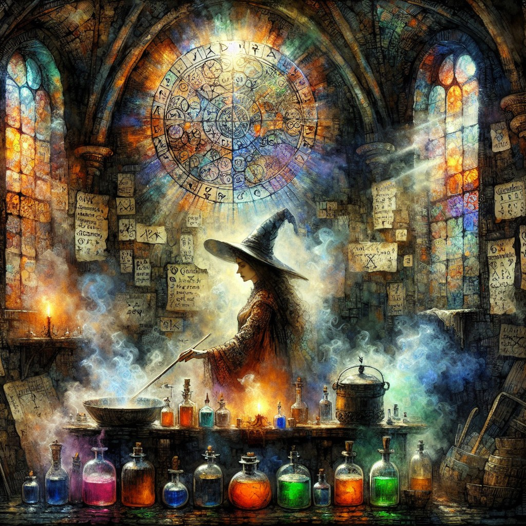 Witch Brewing Potions in a Mystical Chamber