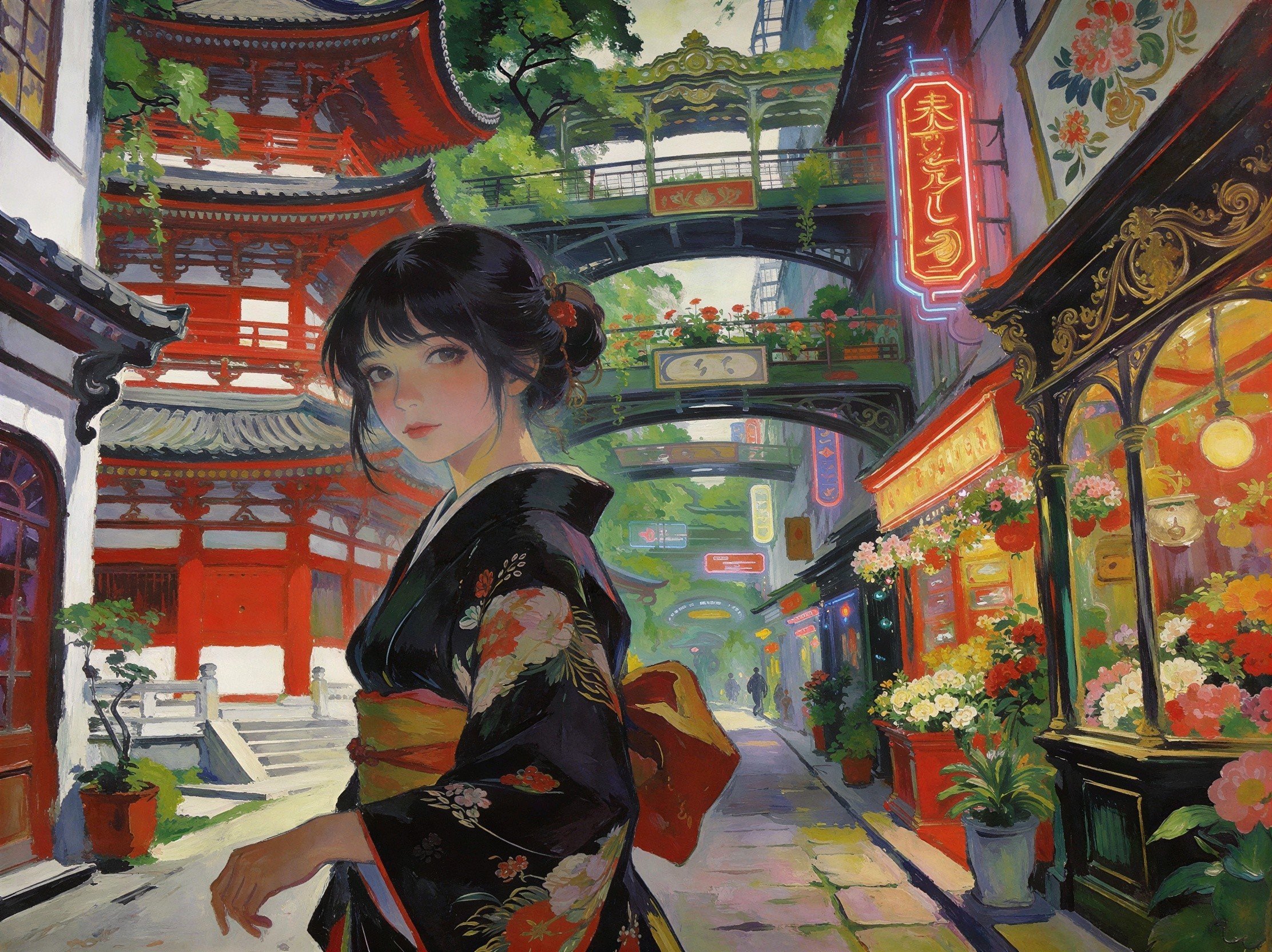 Woman in Black Kimono on Asian Street with Temple