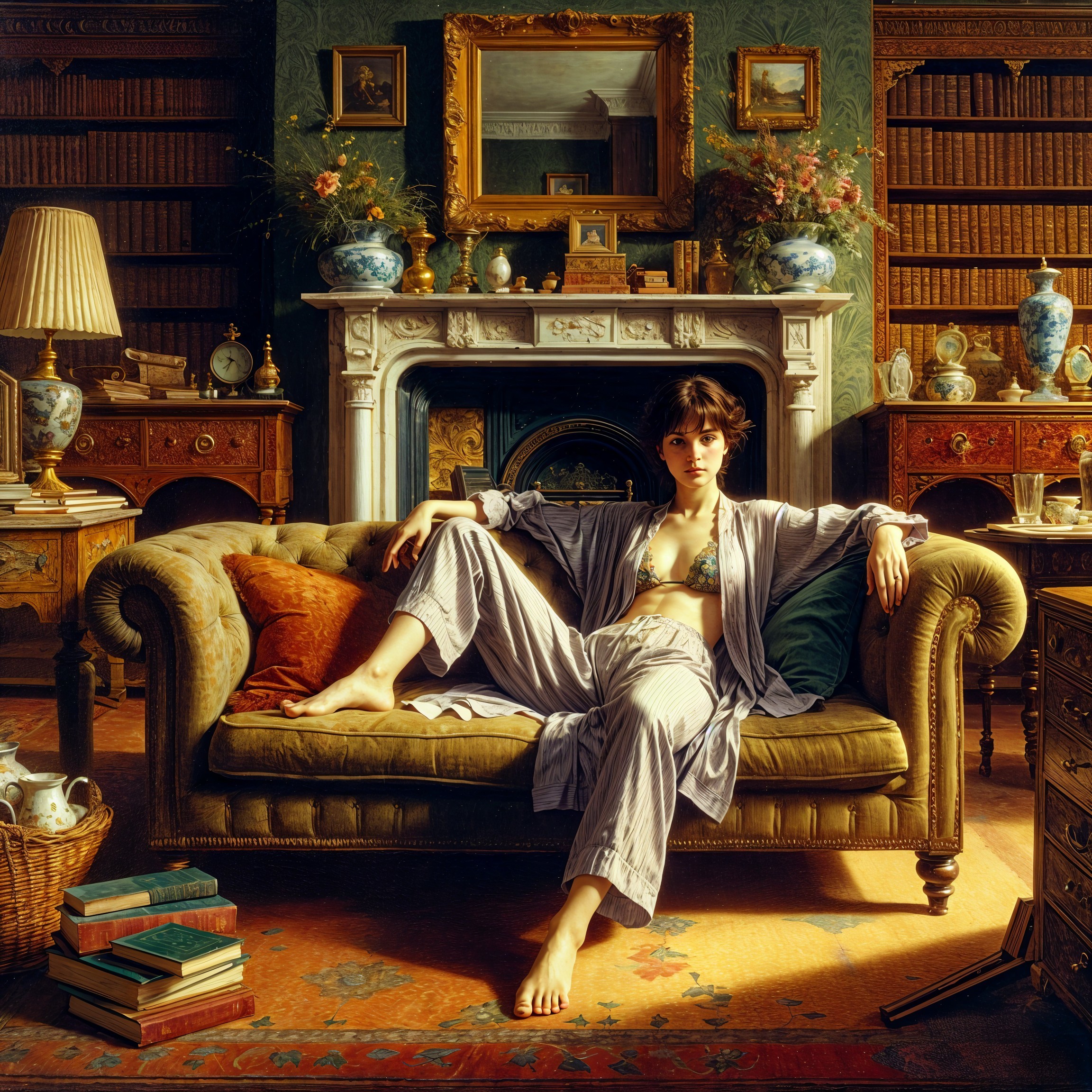 Elegant Room with Woman on Green Sofa and Decor