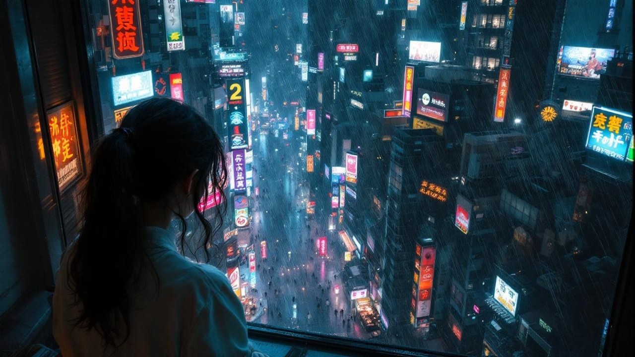 Rainy Window View of a Vibrant Cityscape
