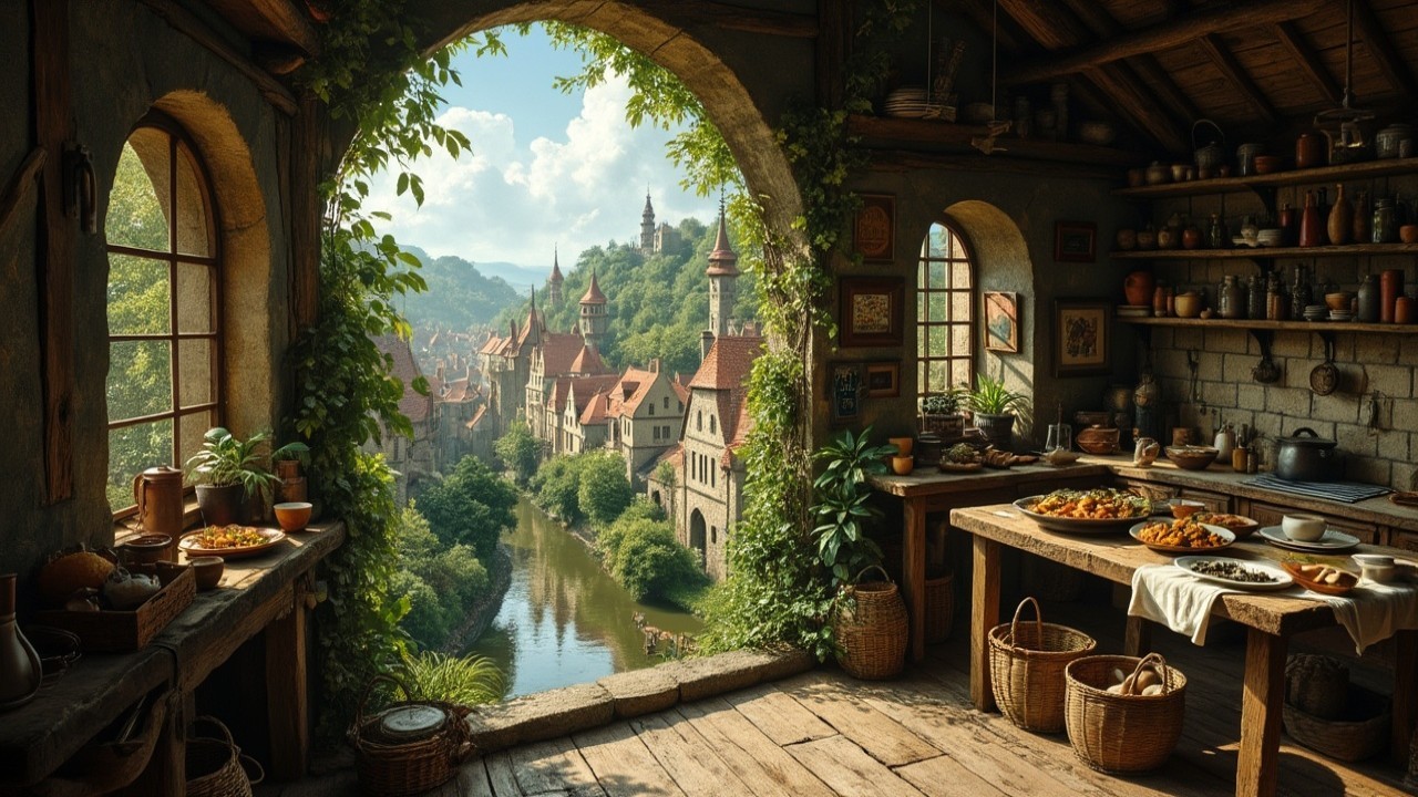 Rustic Kitchen Overlooking Picturesque Village by River