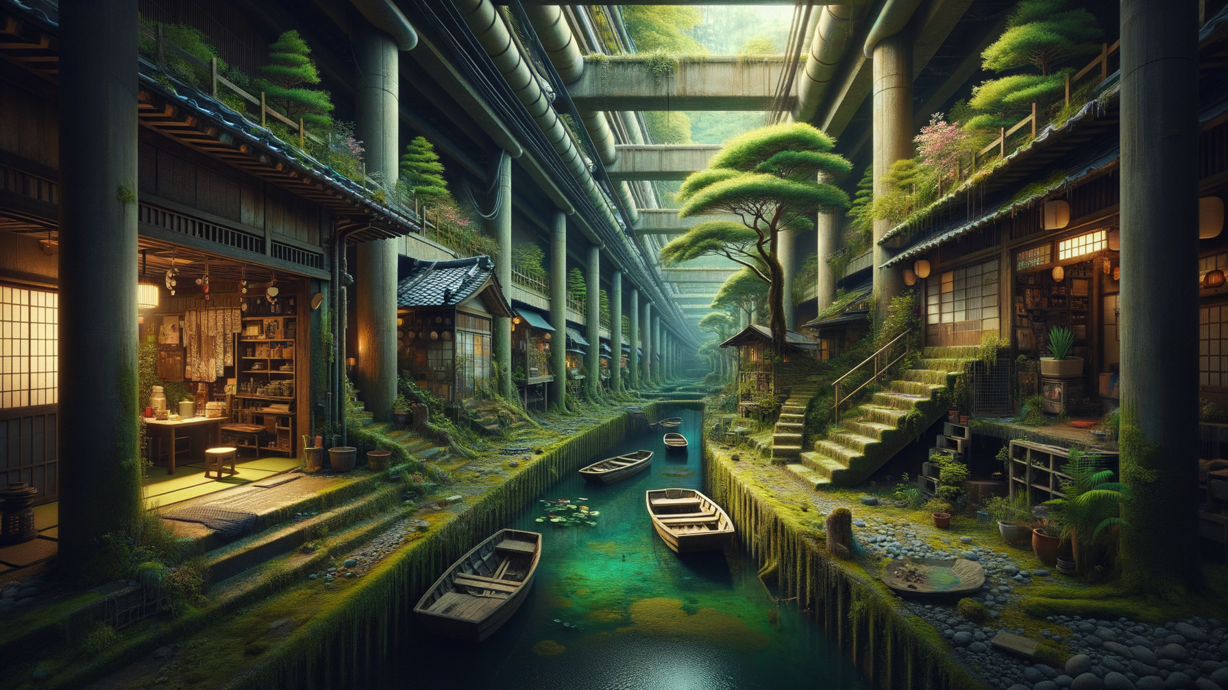 Urban Landscape with Wooden Houses and Waterway