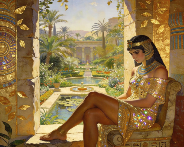 Cleopatra-Inspired Figure in Golden Egyptian Attire