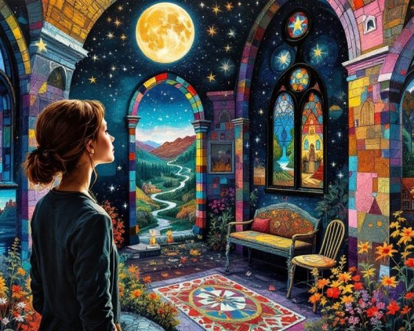Young Woman in Colorful Room with Stained Glass Windows