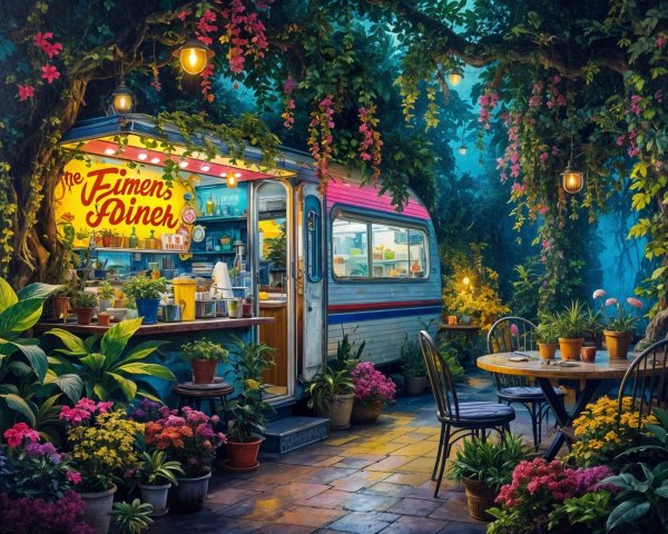 Charming Food Truck in a Lush Garden Setting