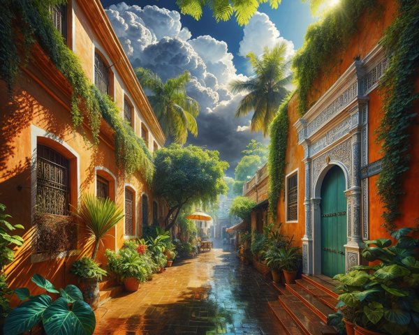 Picturesque Alleyway with Vibrant Walls and Plants