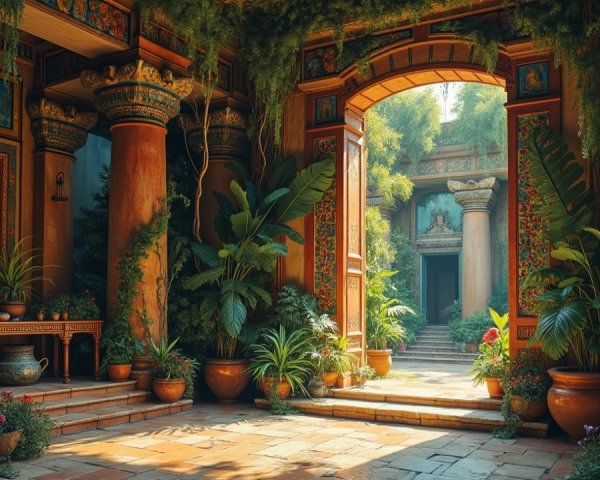 Vibrant Courtyard with Ornate Pillars and Lush Greenery