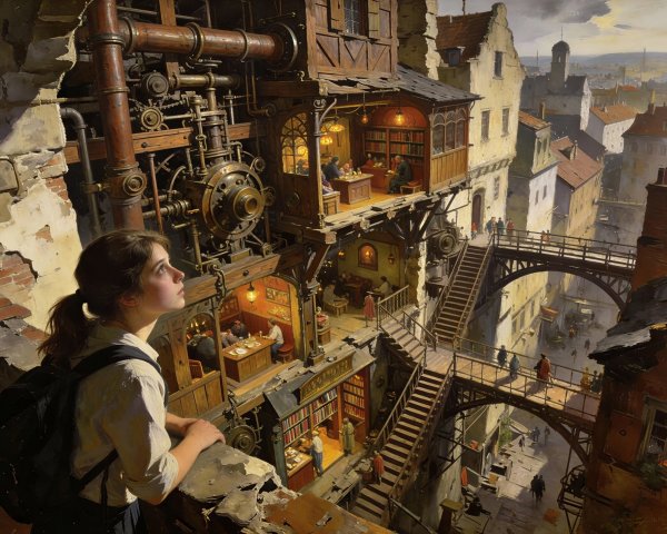 Steampunk Multilevel Building with Cozy Reading Room