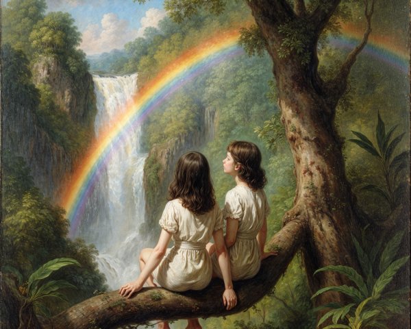 Young girls by a waterfall with a rainbow backdrop